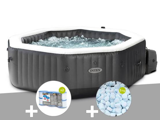 Kit spa gonflable Intex PureSpa Carbone octogonal Bulles et Jets 4 places + 12 filtres + 5 kg de sel - Image 1