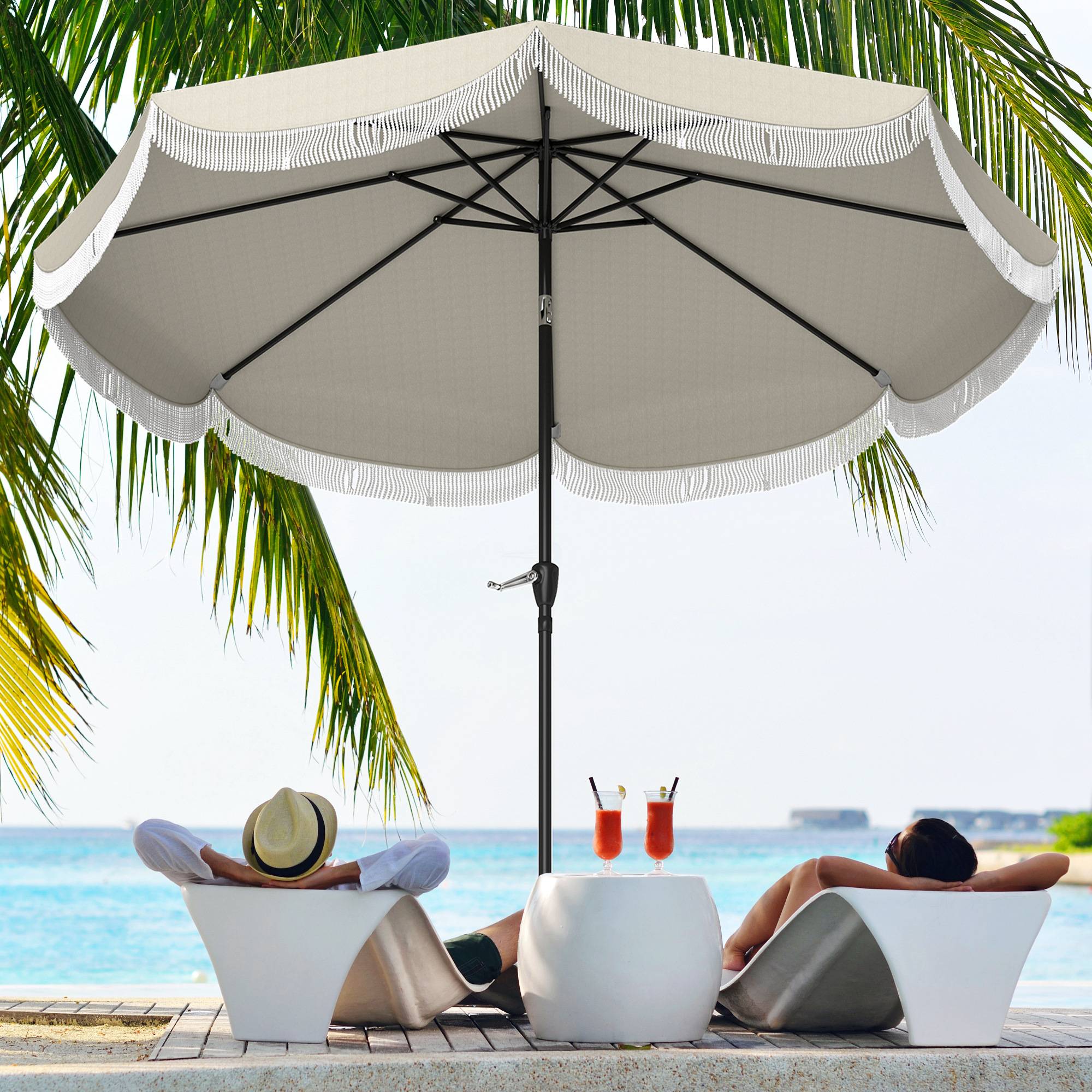 Parasol de jardin rond 2,7 x 2,4 m avec manivelle, métal et polyester, gris clair - Image 4