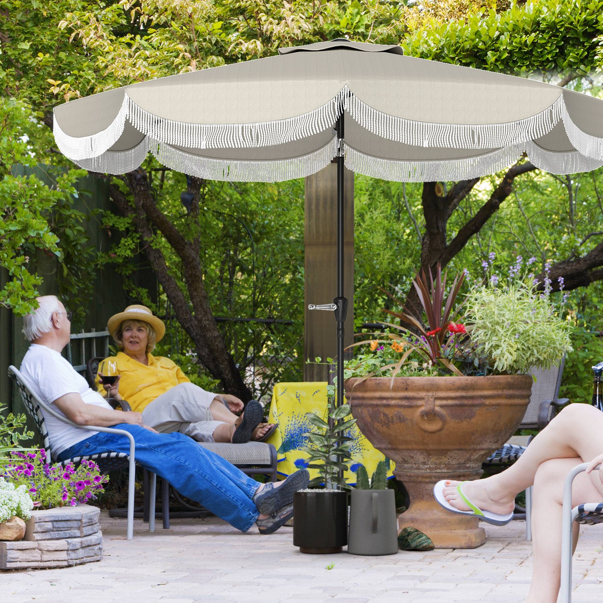 Parasol de jardin rond 2,7 x 2,4 m avec manivelle, métal et polyester, gris clair - Image 3