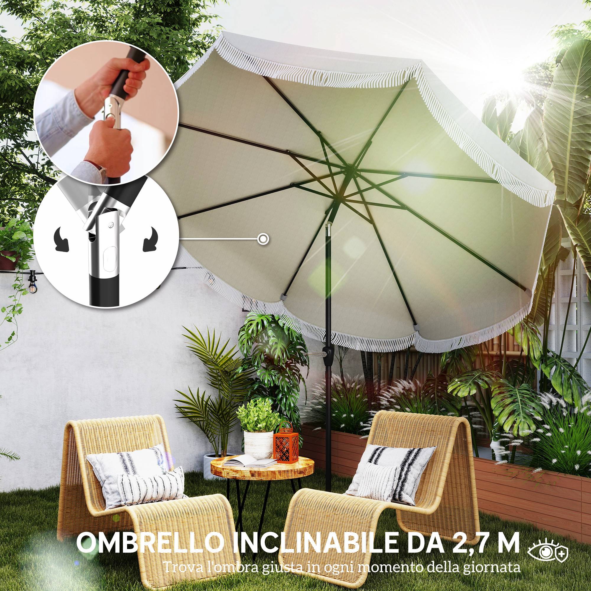 Parasol de jardin rond 2,7 x 2,4 m avec manivelle, métal et polyester, gris clair - Image 6