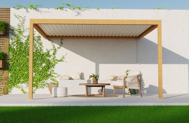 Pergola Bioclimatique Aluminium Adossée Aspect Bois 4x3 Manuelle S ORIAL France - Image 1