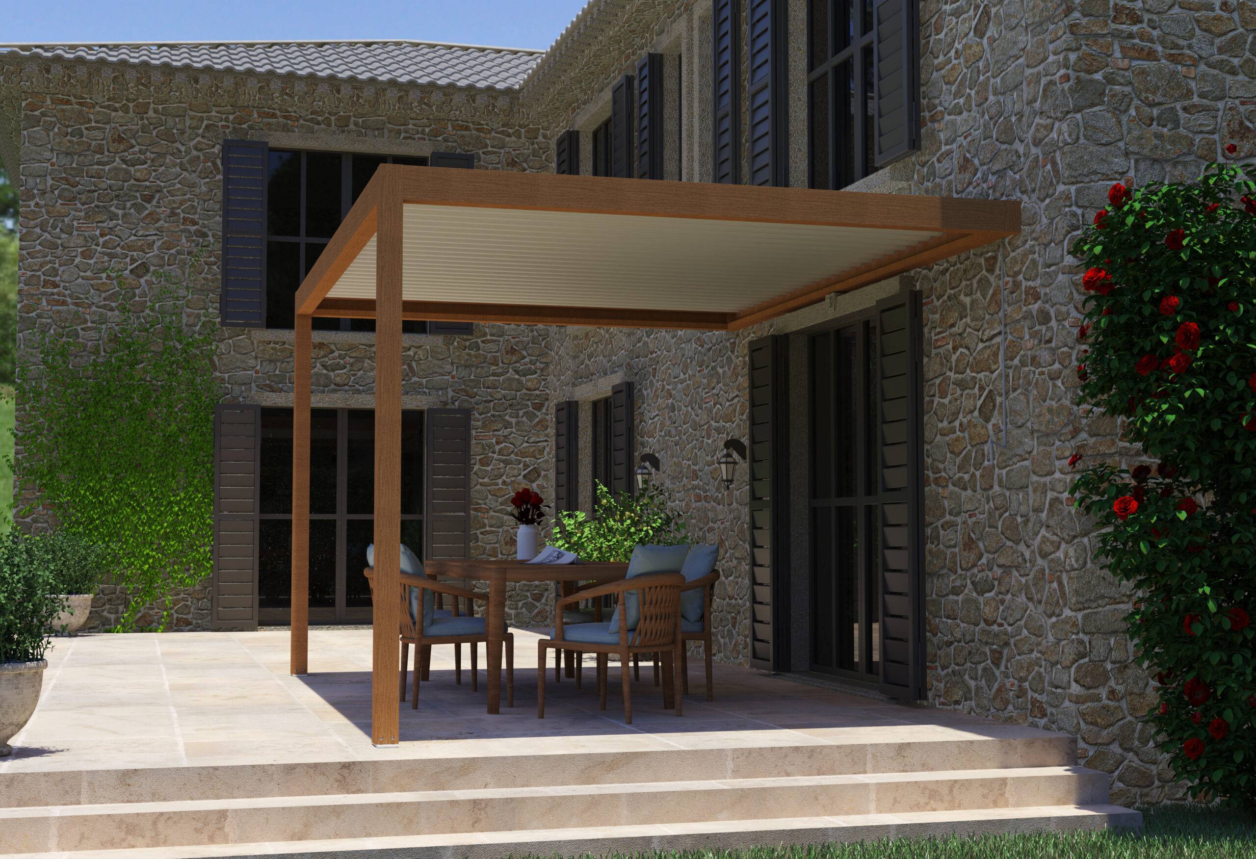 Pergola Bioclimatique Aluminium Adossée Aspect Bois 4x3 Manuelle S ORIAL France - Image 5