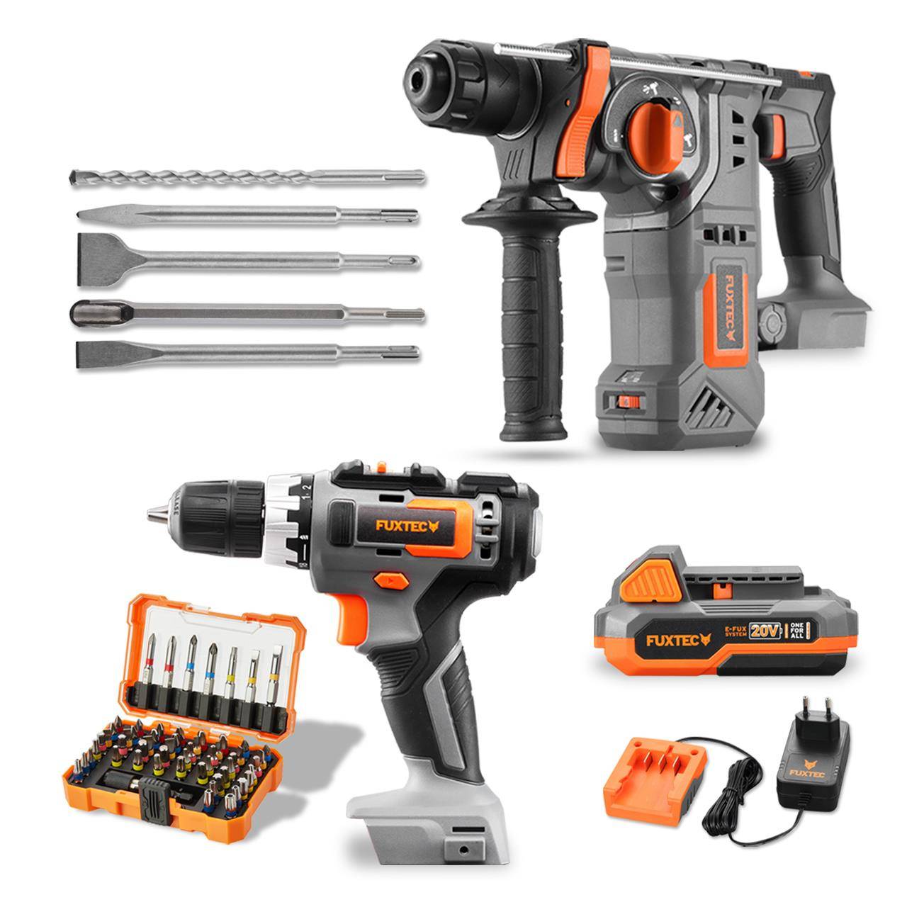 Pack outils 20V sans fil - FUXTEC - visseuse sans fil et marteau perforateur, avec batteries et accessoires - Image 1