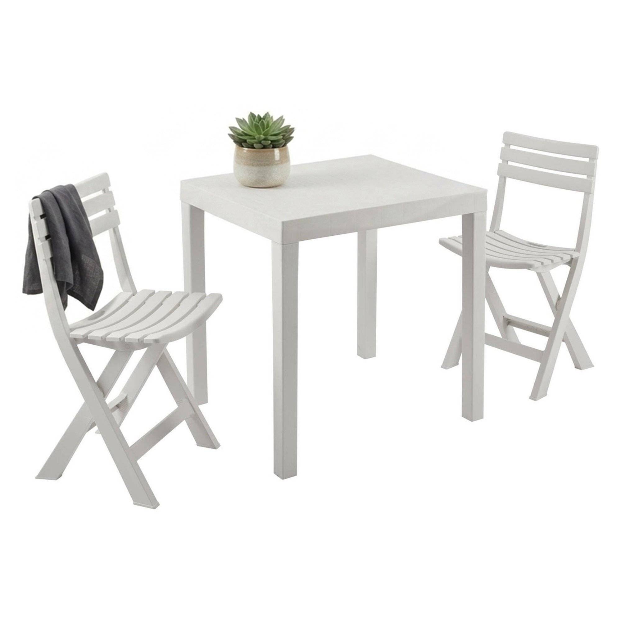 Dmora - Salon d'extérieur Dlibutt, Composition de jardin avec 1 table rectangulaire et 2 chaises pliantes, Salon intérieur et extérieur, Blanc - Dmora - Image 1