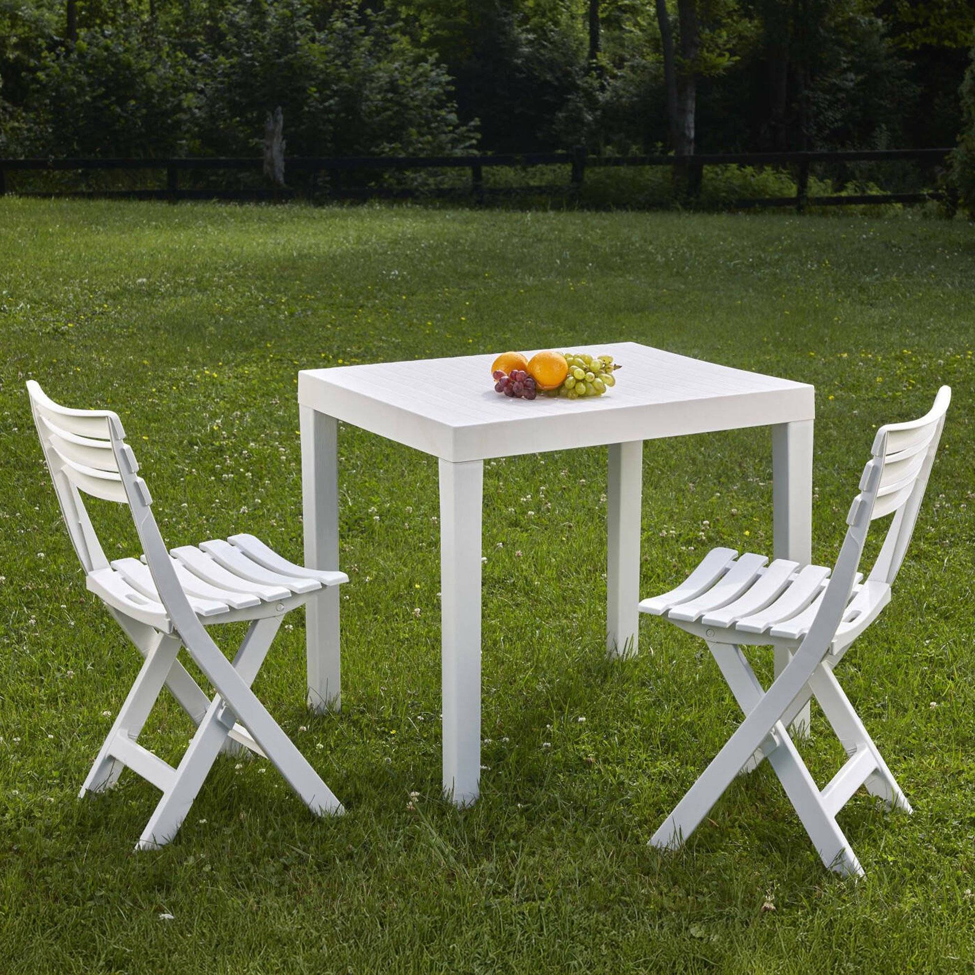 Dmora - Salon d'extérieur Dlibutt, Composition de jardin avec 1 table rectangulaire et 2 chaises pliantes, Salon intérieur et extérieur, Blanc - Dmora - Image 2