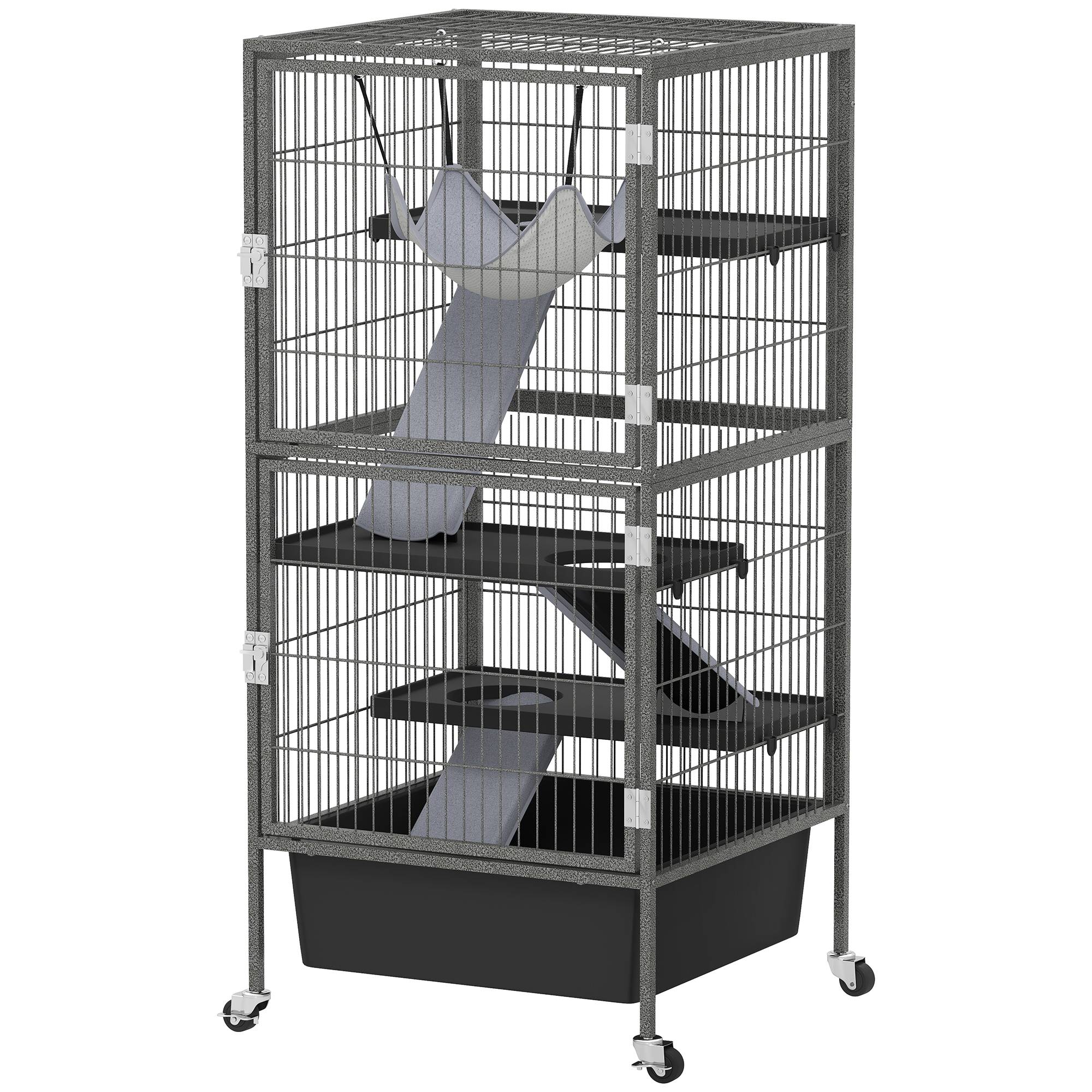 Grande cage rongeurs acier 4 niveaux avec rampes et roues 52x52x115cm Gris - ComfortXL Outdoor Living - Image 2