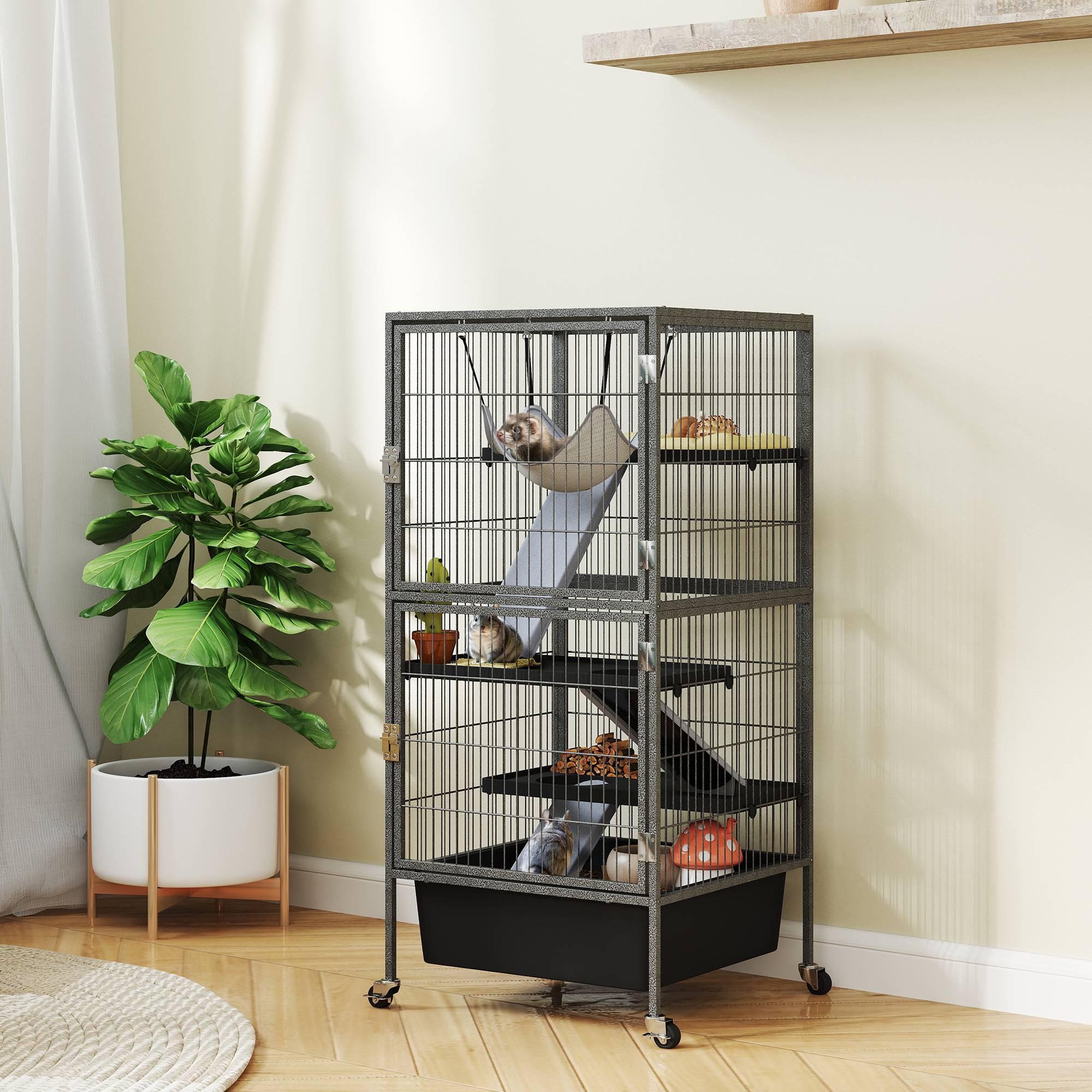 Grande cage rongeurs acier 4 niveaux avec rampes et roues 52x52x115cm Gris - ComfortXL Outdoor Living - Image 3