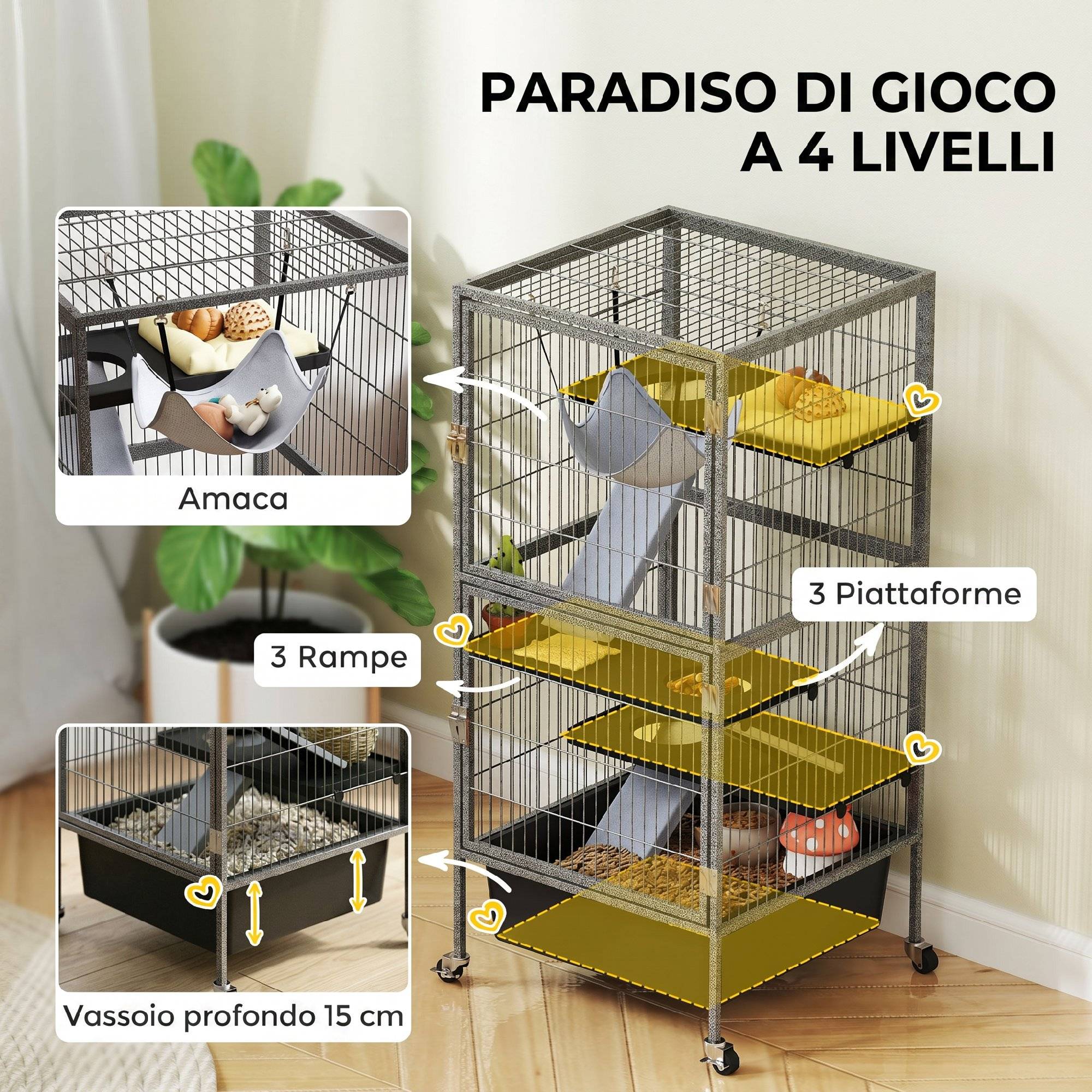 Grande cage rongeurs acier 4 niveaux avec rampes et roues 52x52x115cm Gris - ComfortXL Outdoor Living - Image 7