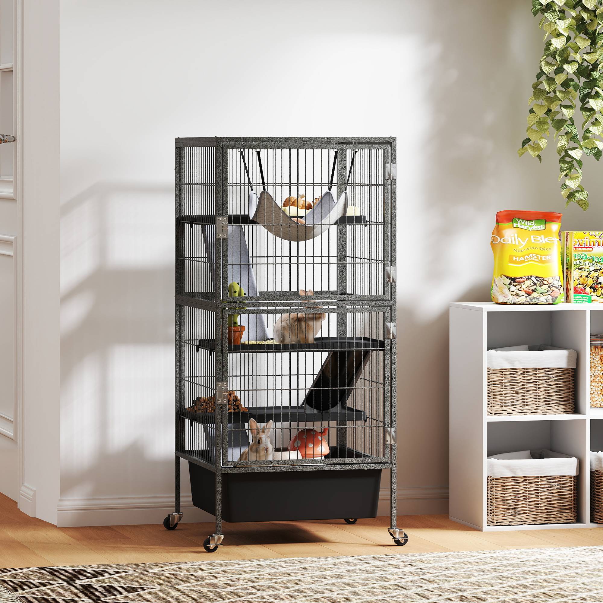 Grande cage rongeurs acier 4 niveaux avec rampes et roues 52x52x115cm Gris - ComfortXL Outdoor Living - Image 4