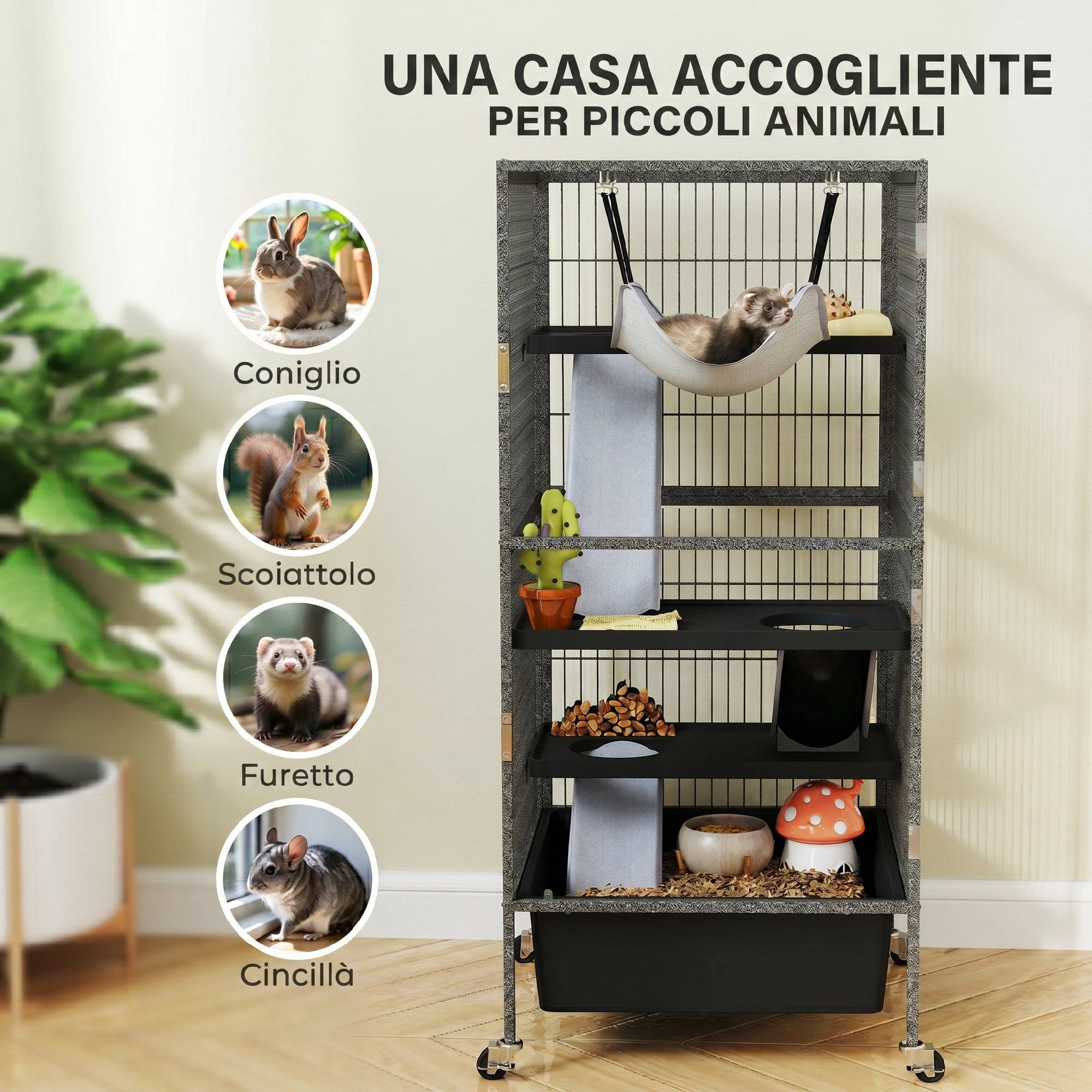 Grande cage rongeurs acier 4 niveaux avec rampes et roues 52x52x115cm Gris - ComfortXL Outdoor Living - Image 6