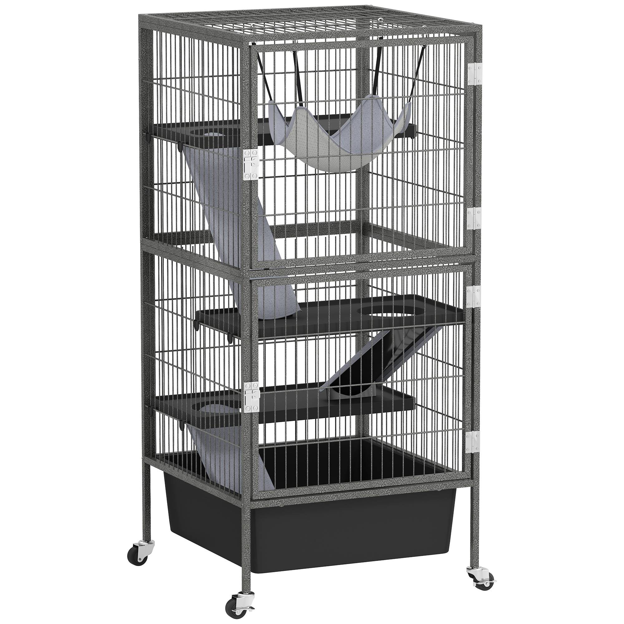 Grande cage rongeurs acier 4 niveaux avec rampes et roues 52x52x115cm Gris - ComfortXL Outdoor Living - Image 1