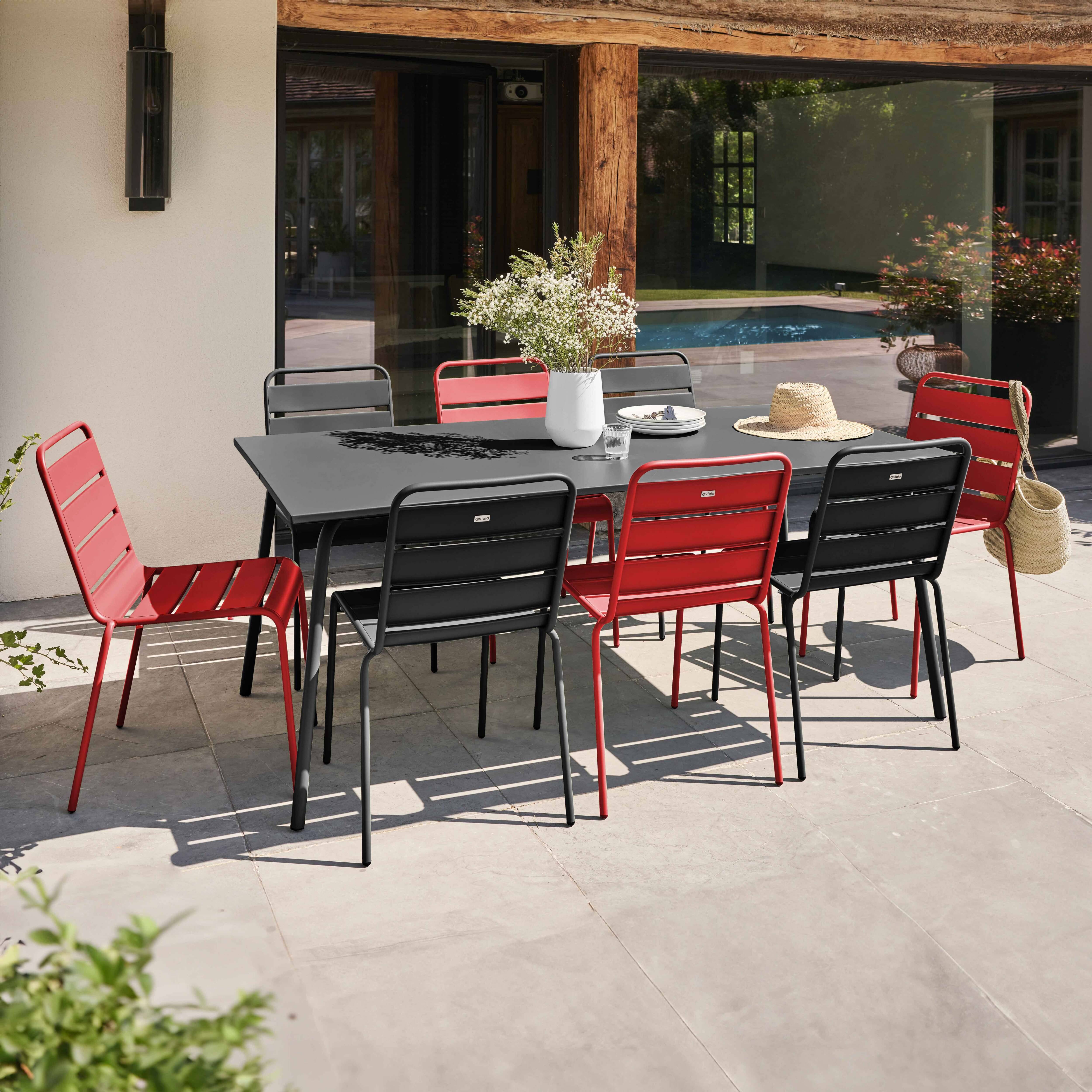 Oviala - Ensemble table de jardin et 8 chaises en métal gris et rouge Palavas - Oviala - Image 2