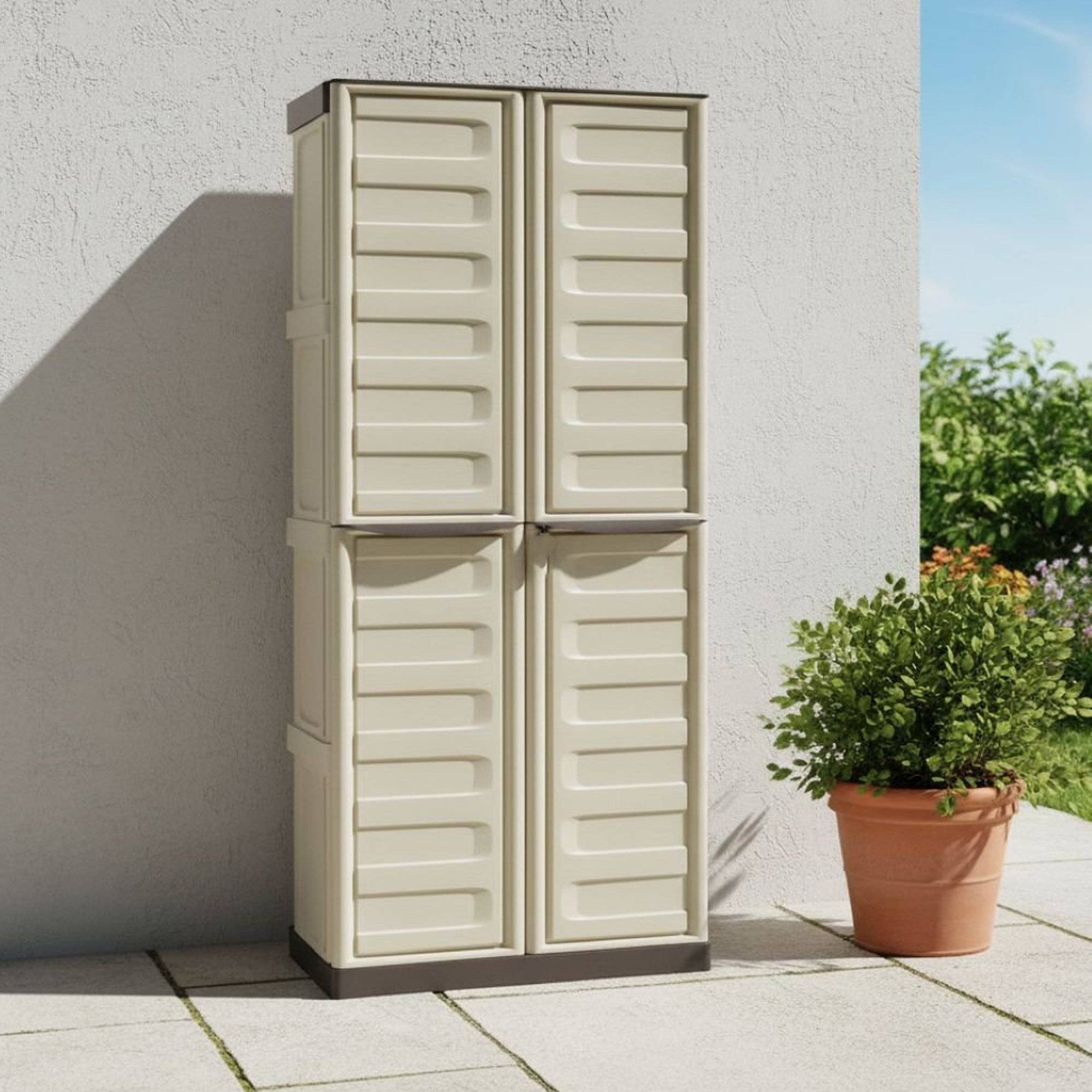 Dmora - Armoire d'extérieur Avelgem, Armoire de balcon polyvalente, armoire à balais 2 portes, 70x47h178 cm, Beige et Marron, Finition rayée - Dmora - Image 2