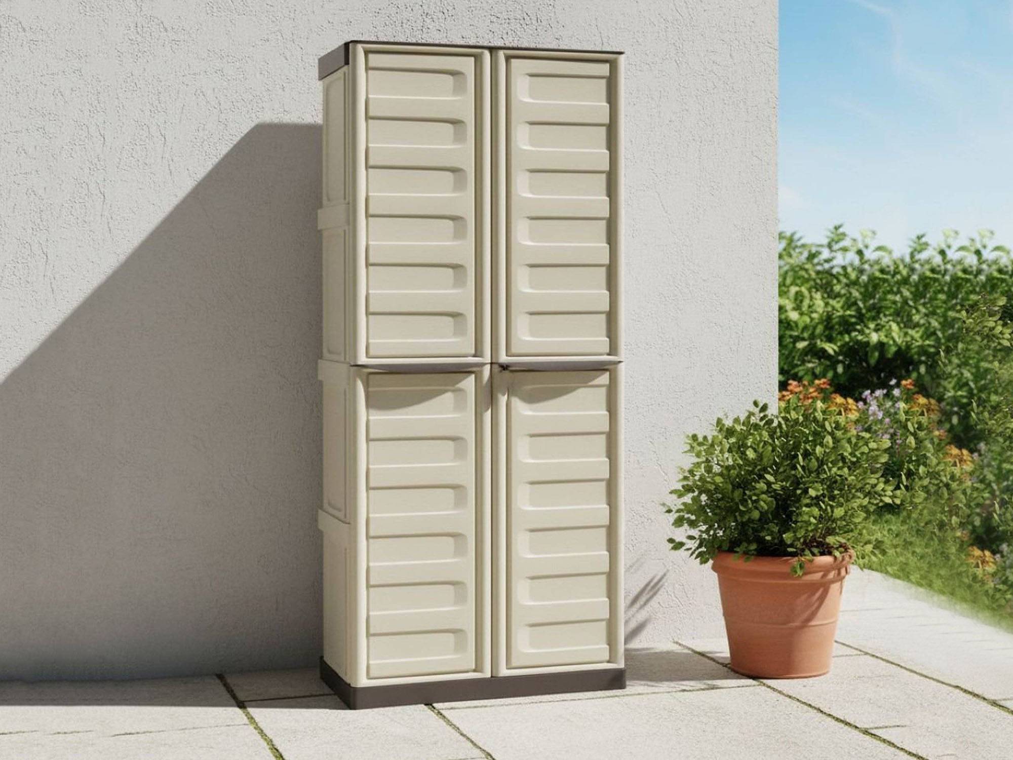 Dmora - Armoire d'extérieur Avelgem, Armoire de balcon polyvalente, armoire à balais 2 portes, 70x47h178 cm, Beige et Marron, Finition rayée - Dmora - Image 5