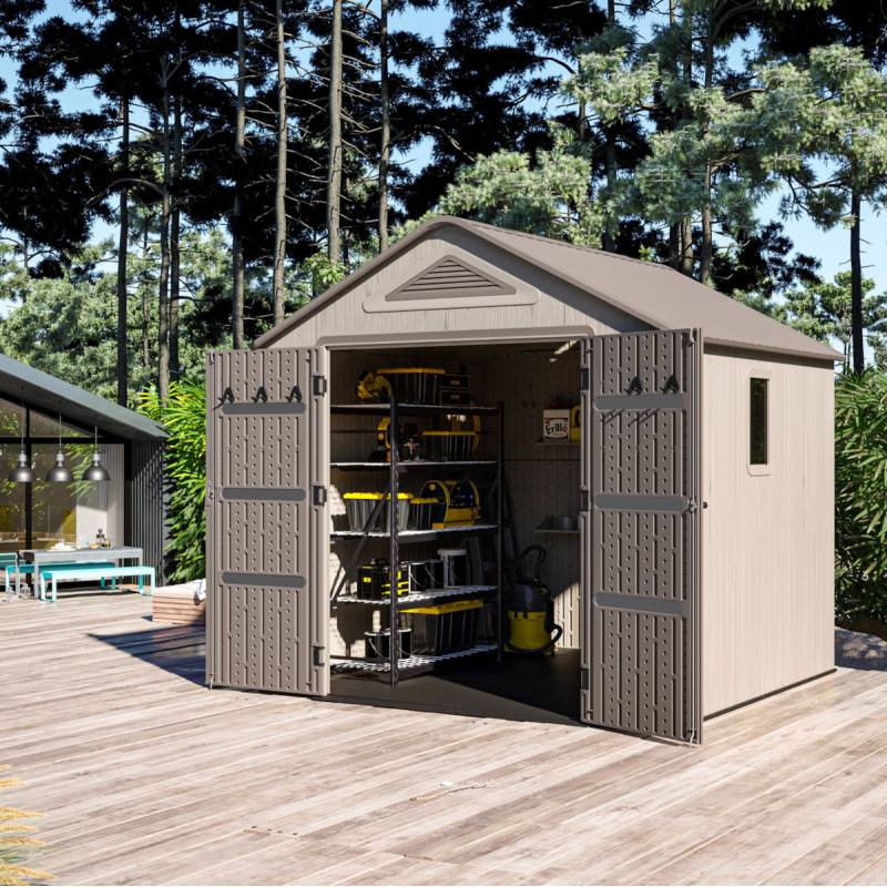 Abri de jardin 6,15 m² en résine HDPE crème marron avec plancher Sunlife Jobu - Image 1