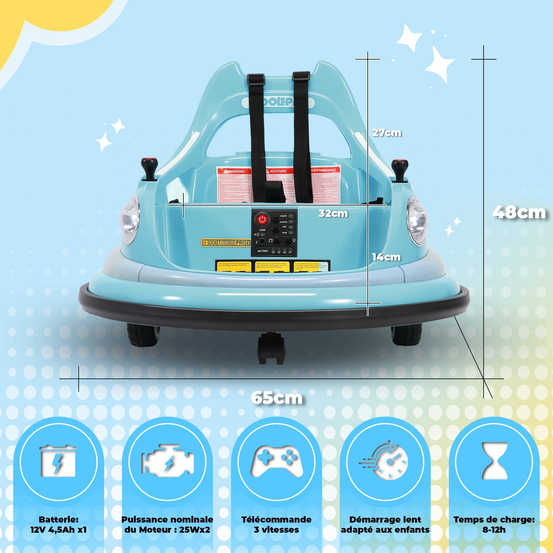 0 - Voiture électrique pour enfants 12 V, rotation à 360 degrés, pare-chocs - Bleu - Image 7