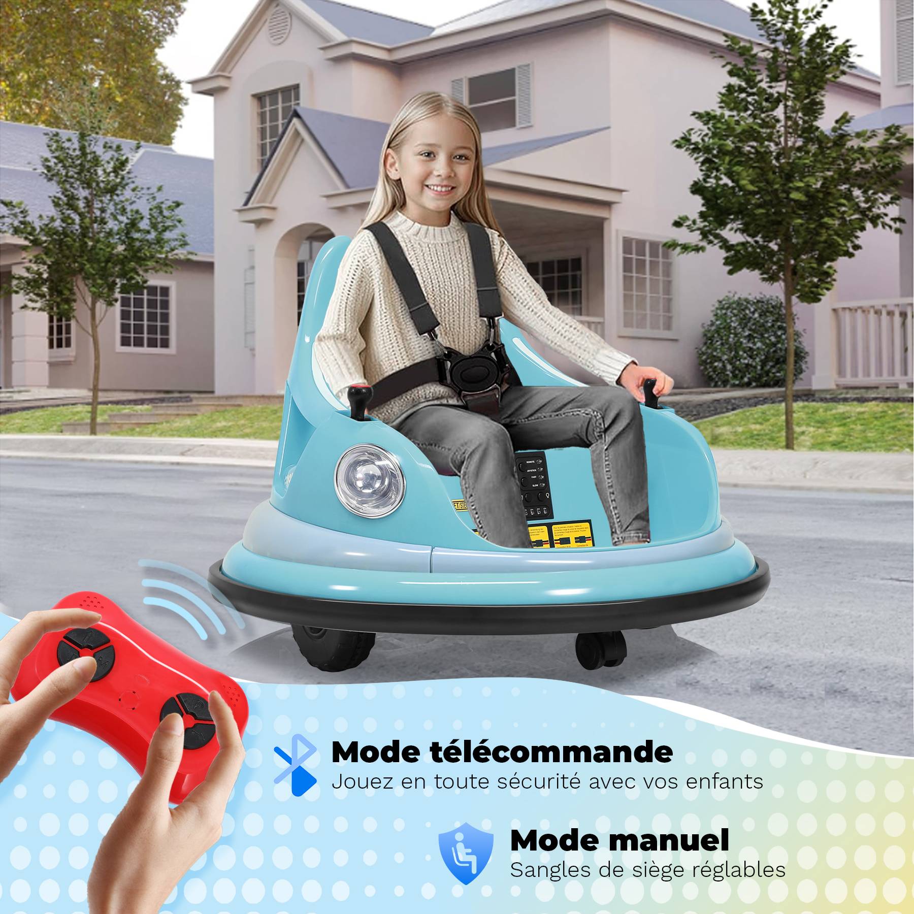 0 - Voiture électrique pour enfants 12 V, rotation à 360 degrés, pare-chocs - Bleu - Image 3