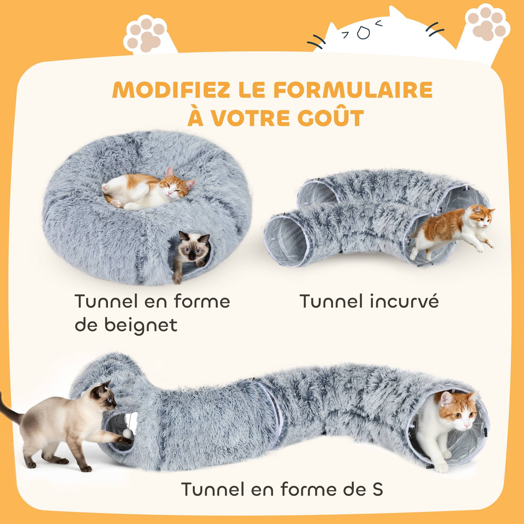 Tunnel pour Chat Intérieur avec Lit de Chat en Forme de Donut, Coussin Circulaire Lavable, 90x80x27cm, Gris Clair - Image 6
