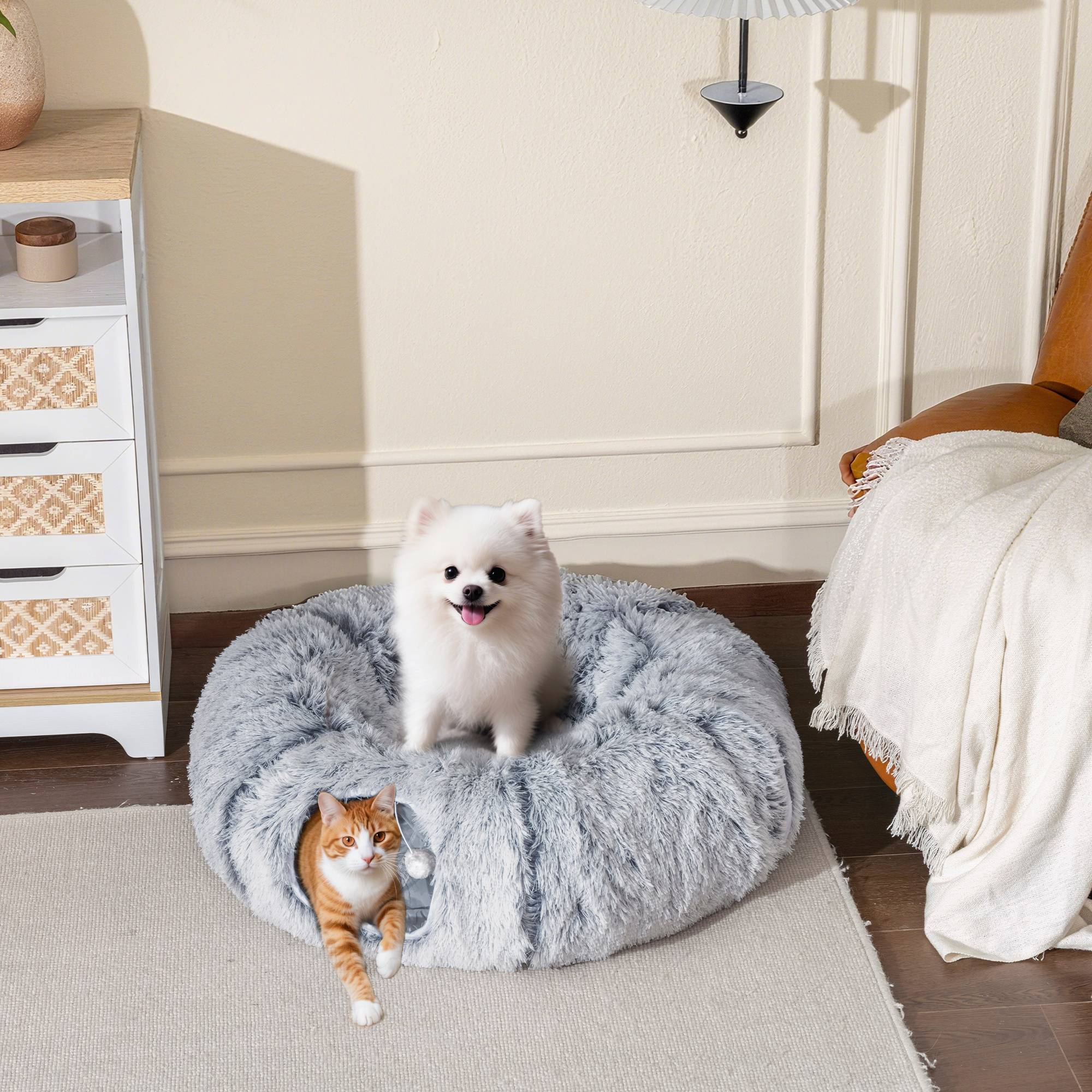 Tunnel pour Chat Intérieur avec Lit de Chat en Forme de Donut, Coussin Circulaire Lavable, 90x80x27cm, Gris Clair - Image 4