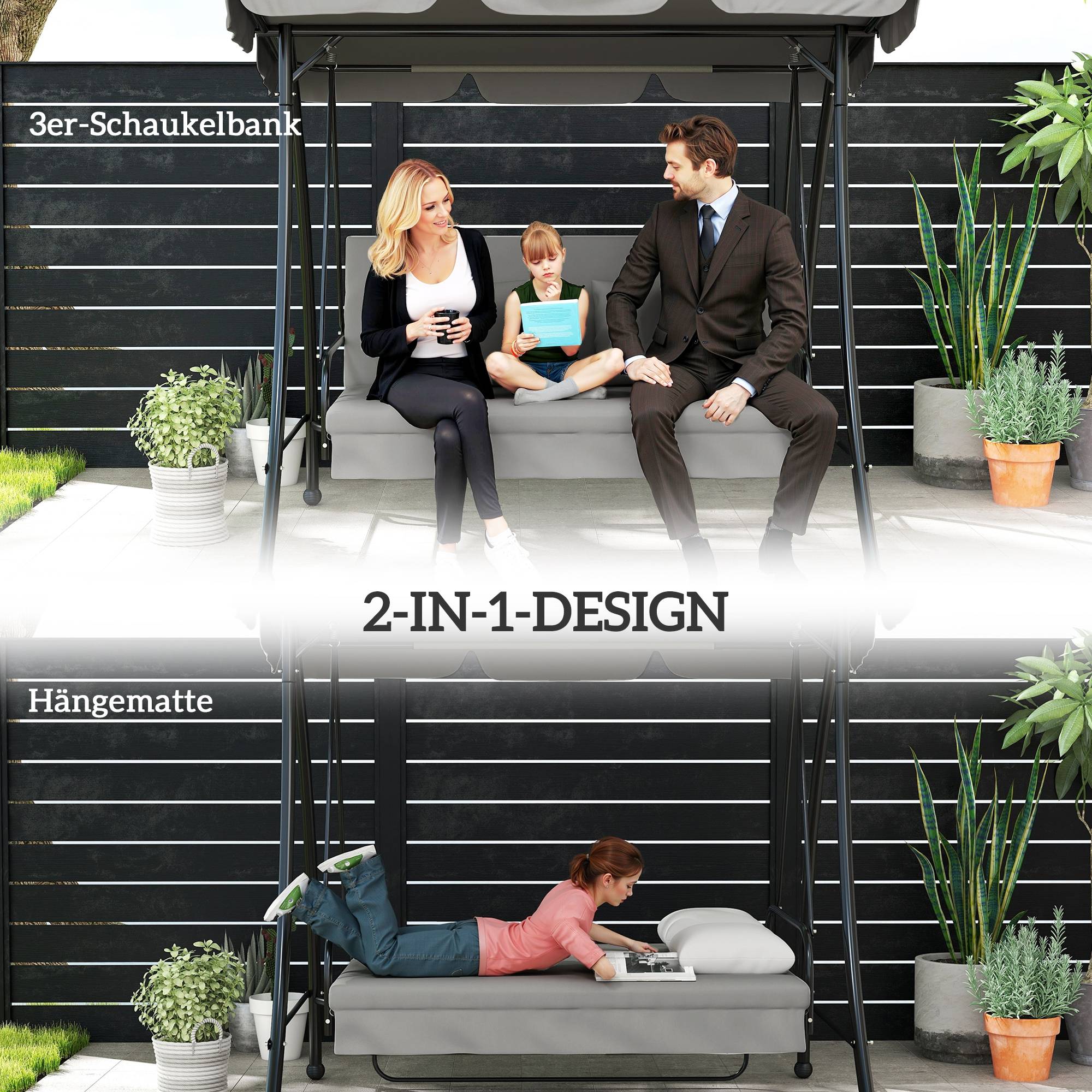 Balancelle de jardin convertible lit métal terrasse toit réglable 210x125x170cm gris - ComfortXL Outdoor Living - Image 6