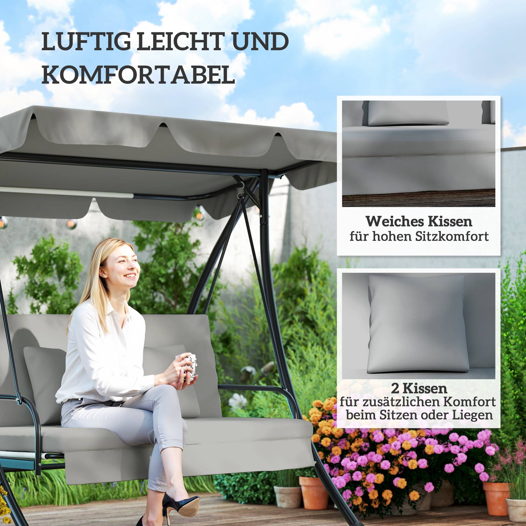 Balancelle de jardin convertible lit métal terrasse toit réglable 210x125x170cm gris - ComfortXL Outdoor Living - Image 9