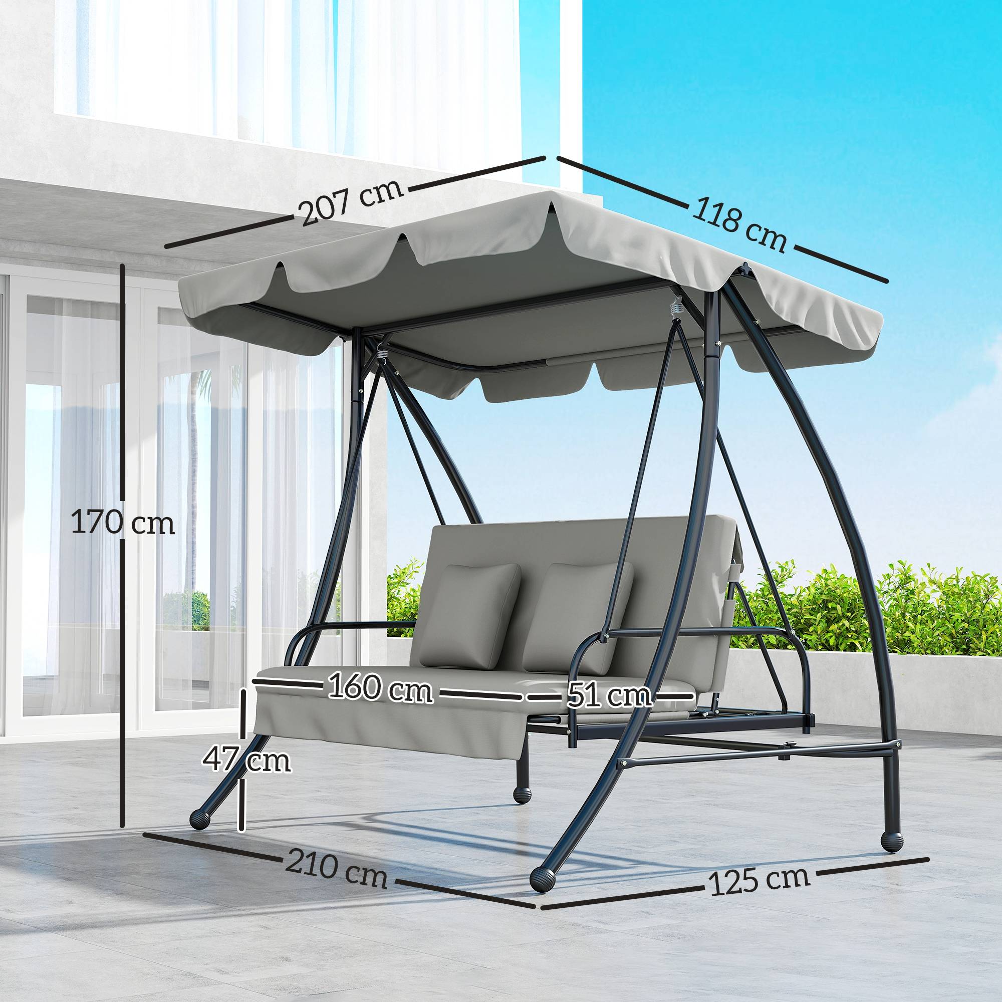 Balancelle de jardin convertible lit métal terrasse toit réglable 210x125x170cm gris - ComfortXL Outdoor Living - Image 5