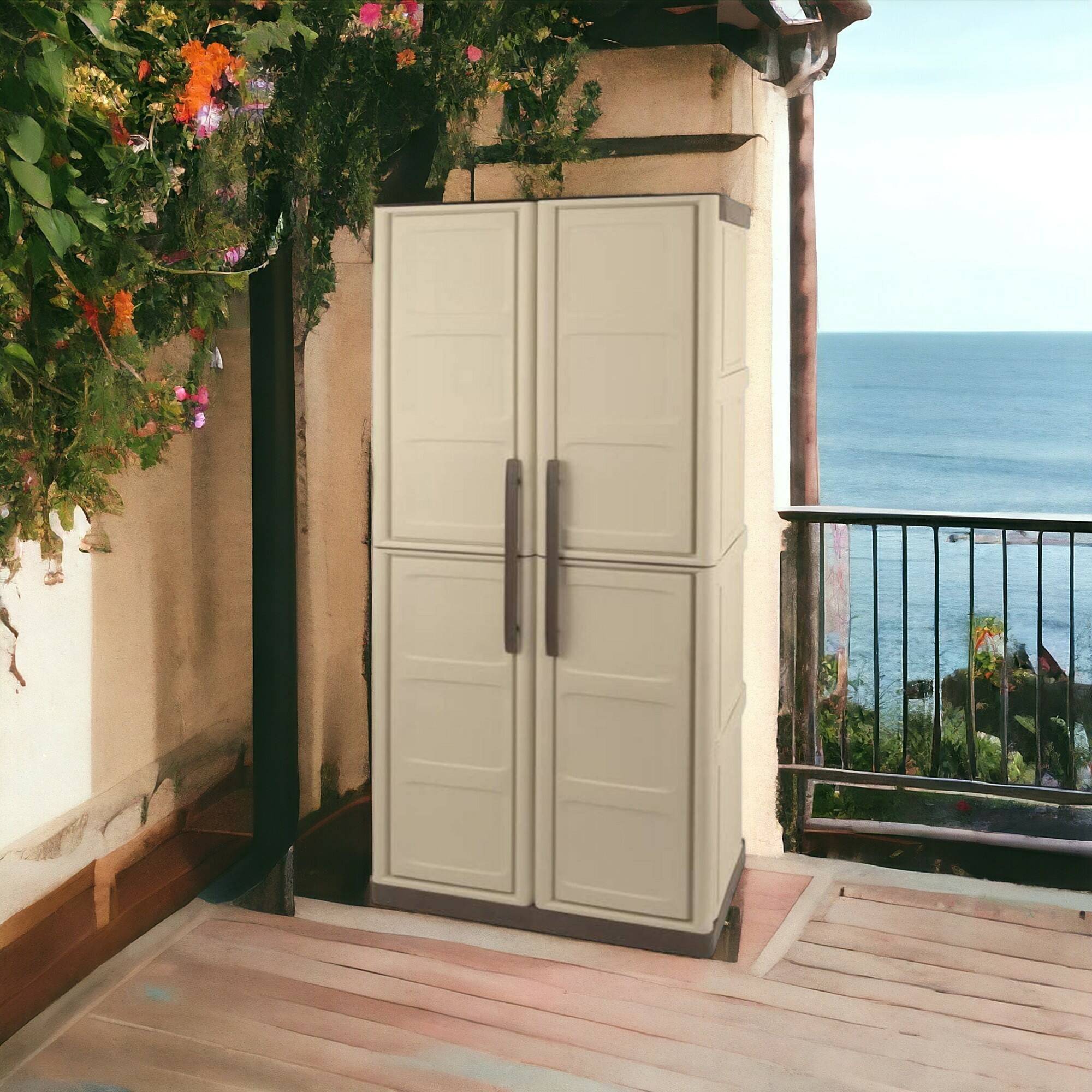 Dmora - Armoire d'extérieur Daldegan, Armoire de balcon polyvalente, armoire à balais 2 portes, 70x47h178 cm, Beige et Marron, Finition damier - Dmora - Image 2