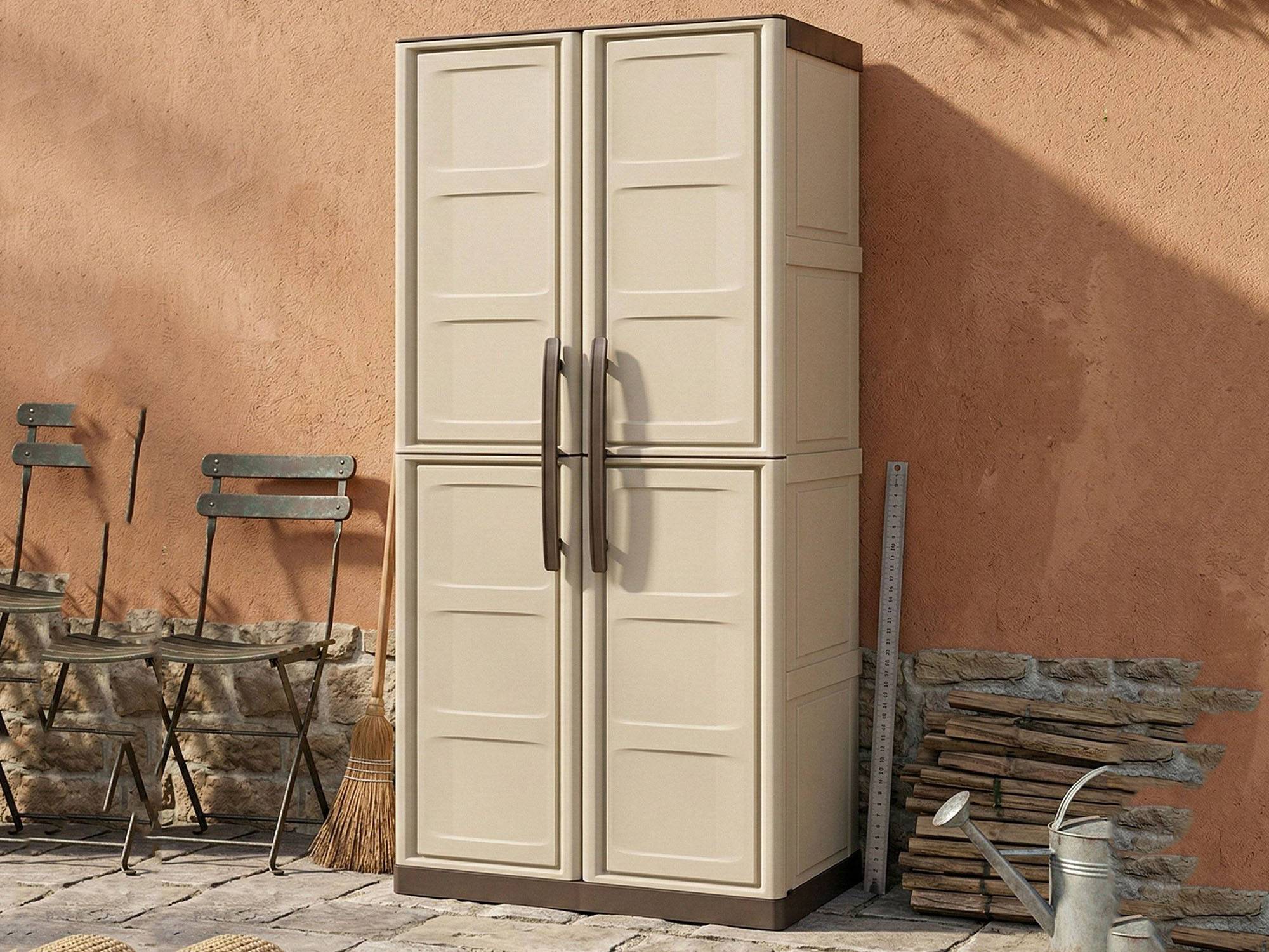 Dmora - Armoire d'extérieur Daldegan, Armoire de balcon polyvalente, armoire à balais 2 portes, 70x47h178 cm, Beige et Marron, Finition damier - Dmora - Image 6