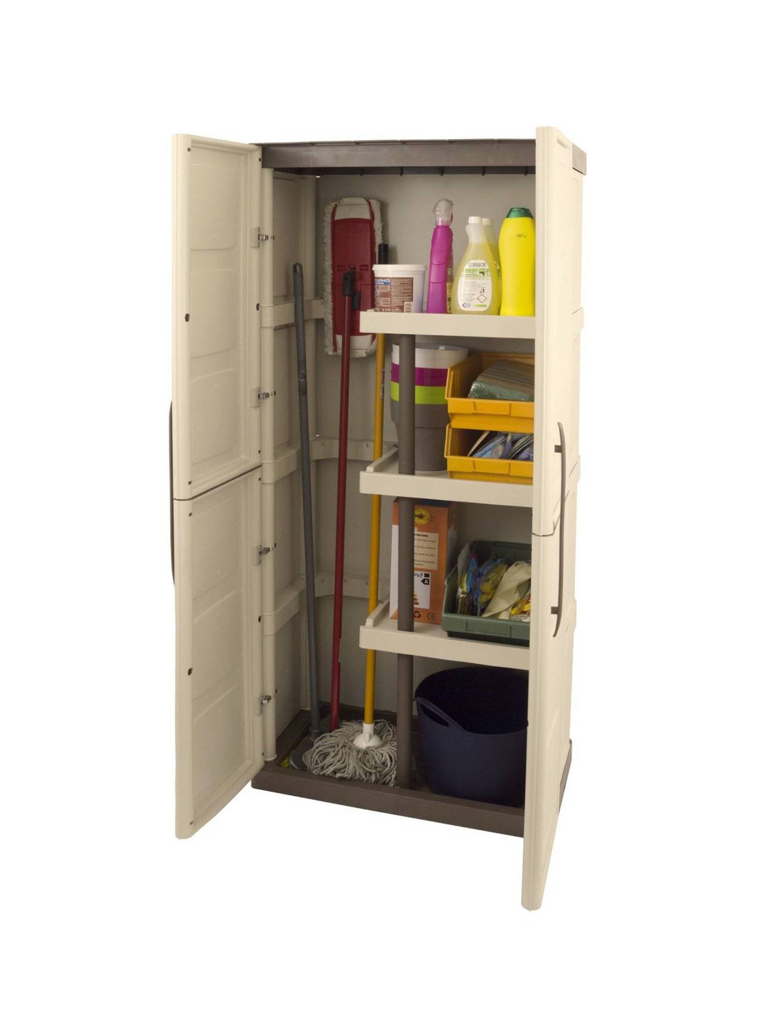 Dmora - Armoire d'extérieur Daldegan, Armoire de balcon polyvalente, armoire à balais 2 portes, 70x47h178 cm, Beige et Marron, Finition damier - Dmora - Image 5