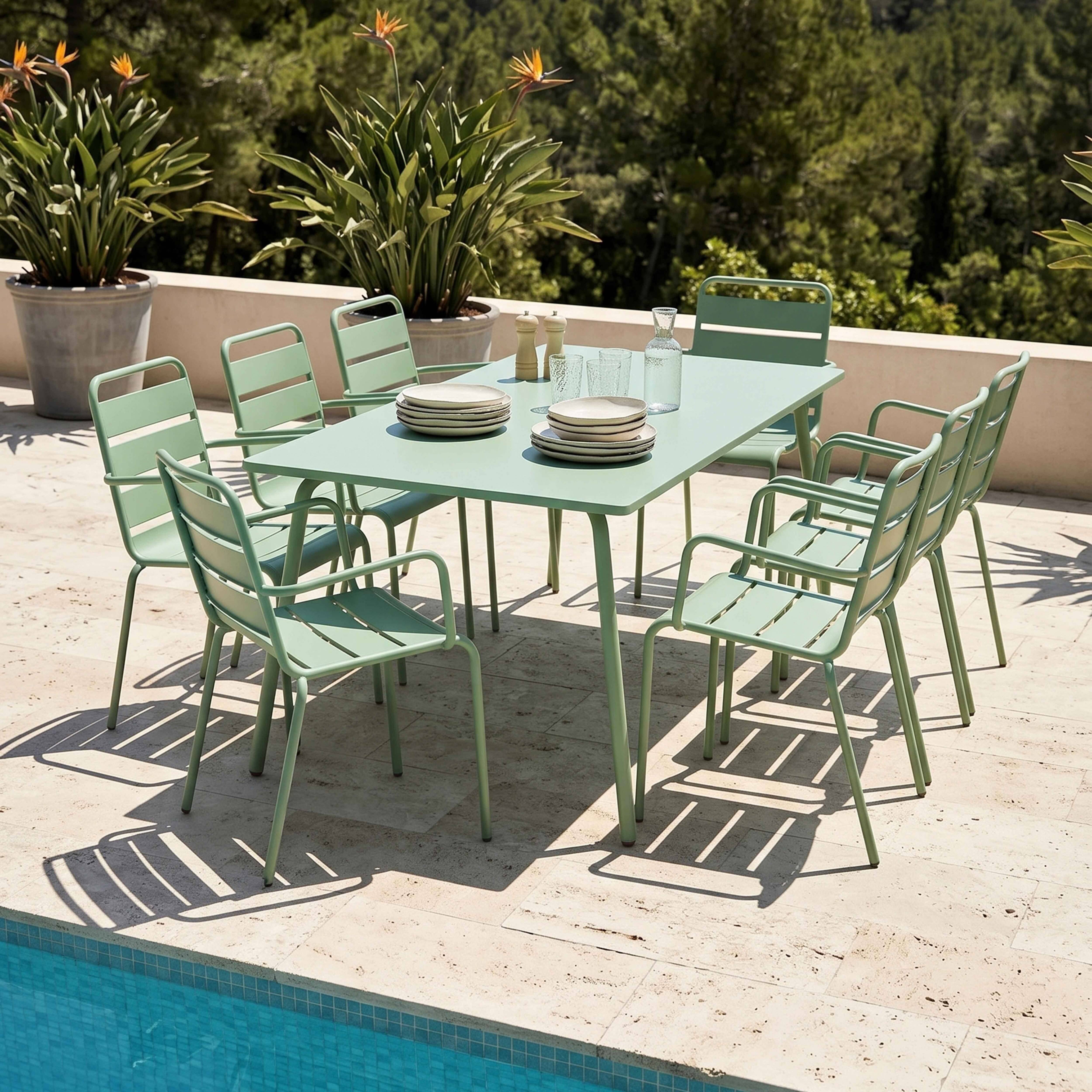 Oviala - Ensemble table de jardin et 8 fauteuils en métal vert sauge Palavas - Oviala - Image 2