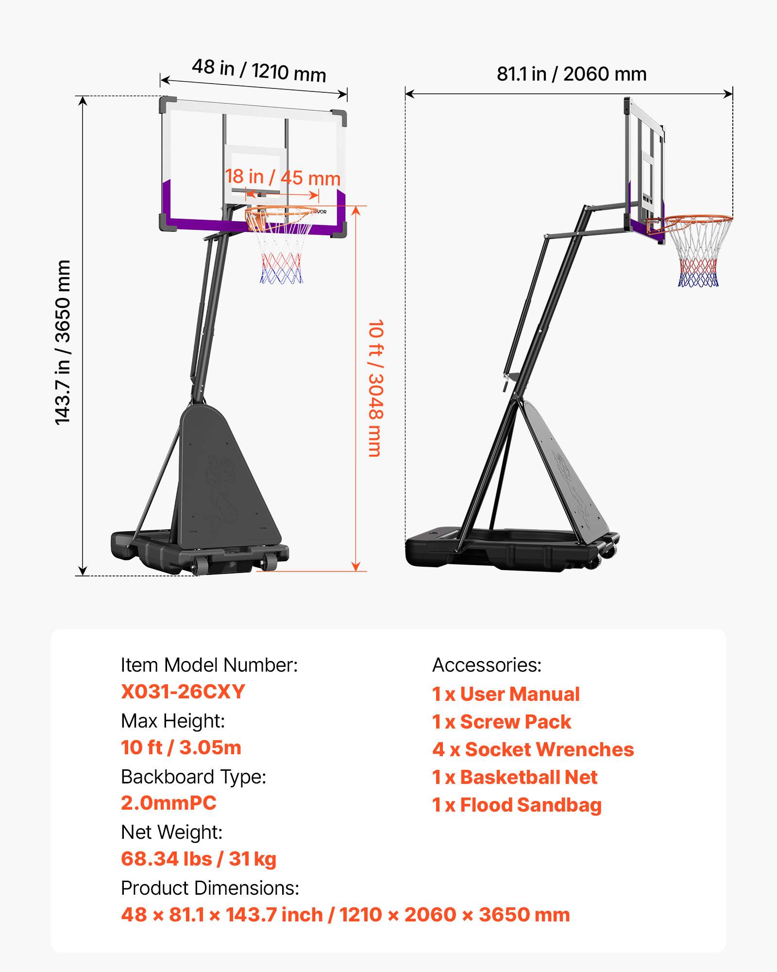 Vevor - VEVOR Panier de basket portable, hauteur réglable 3,05 m, panneau PC 121 cm, base remplissable, roulettes avec frein, idéal intérieur et extérieur. - Image 6