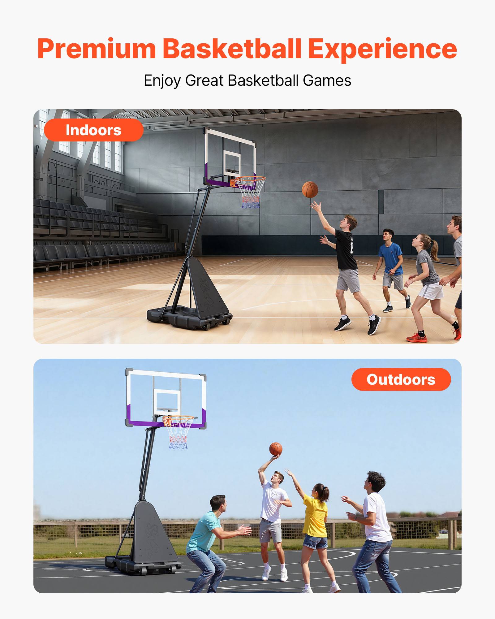 Vevor - VEVOR Panier de basket portable, hauteur réglable 3,05 m, panneau PC 121 cm, base remplissable, roulettes avec frein, idéal intérieur et extérieur. - Image 2