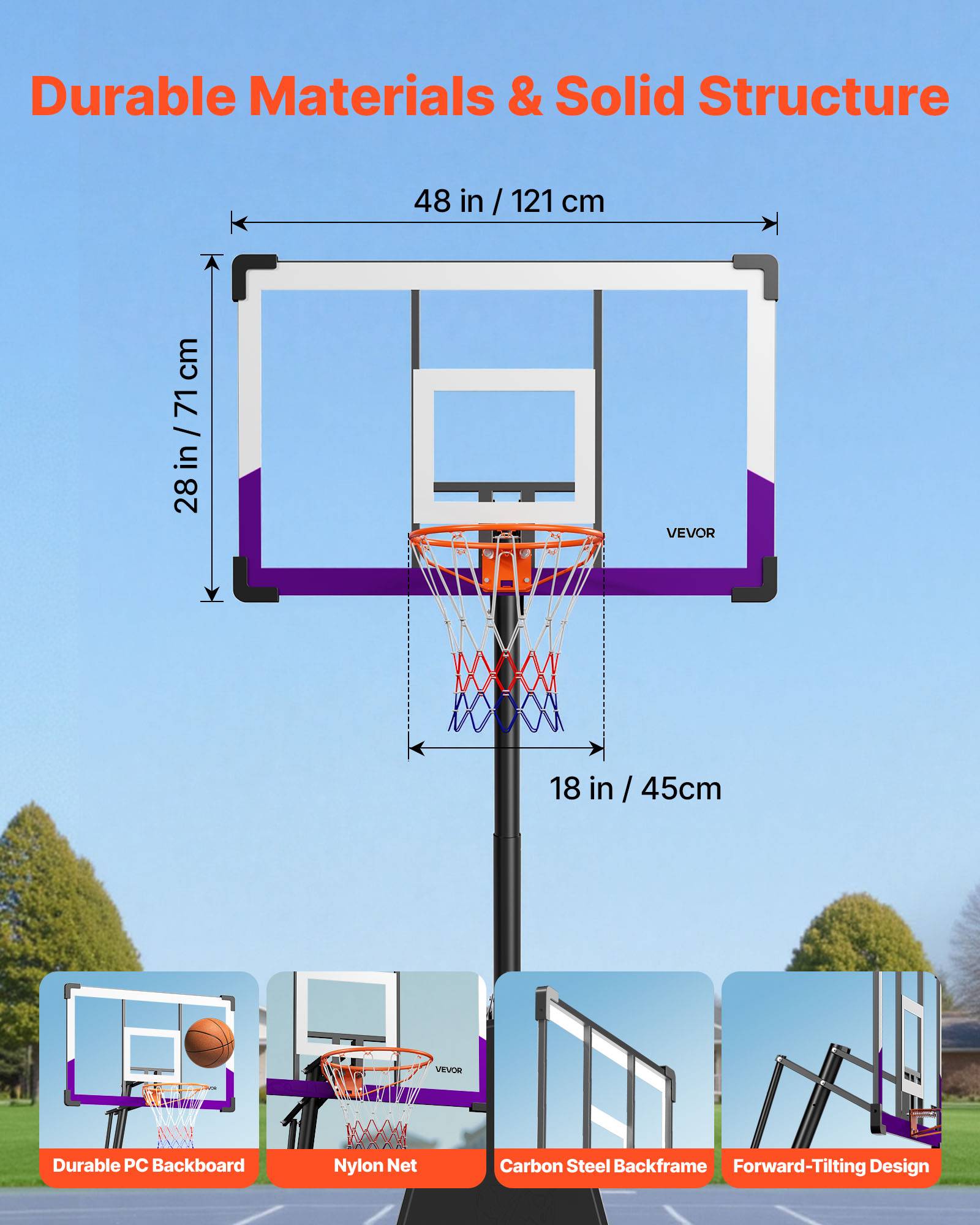 Vevor - VEVOR Panier de basket portable, hauteur réglable 3,05 m, panneau PC 121 cm, base remplissable, roulettes avec frein, idéal intérieur et extérieur. - Image 4
