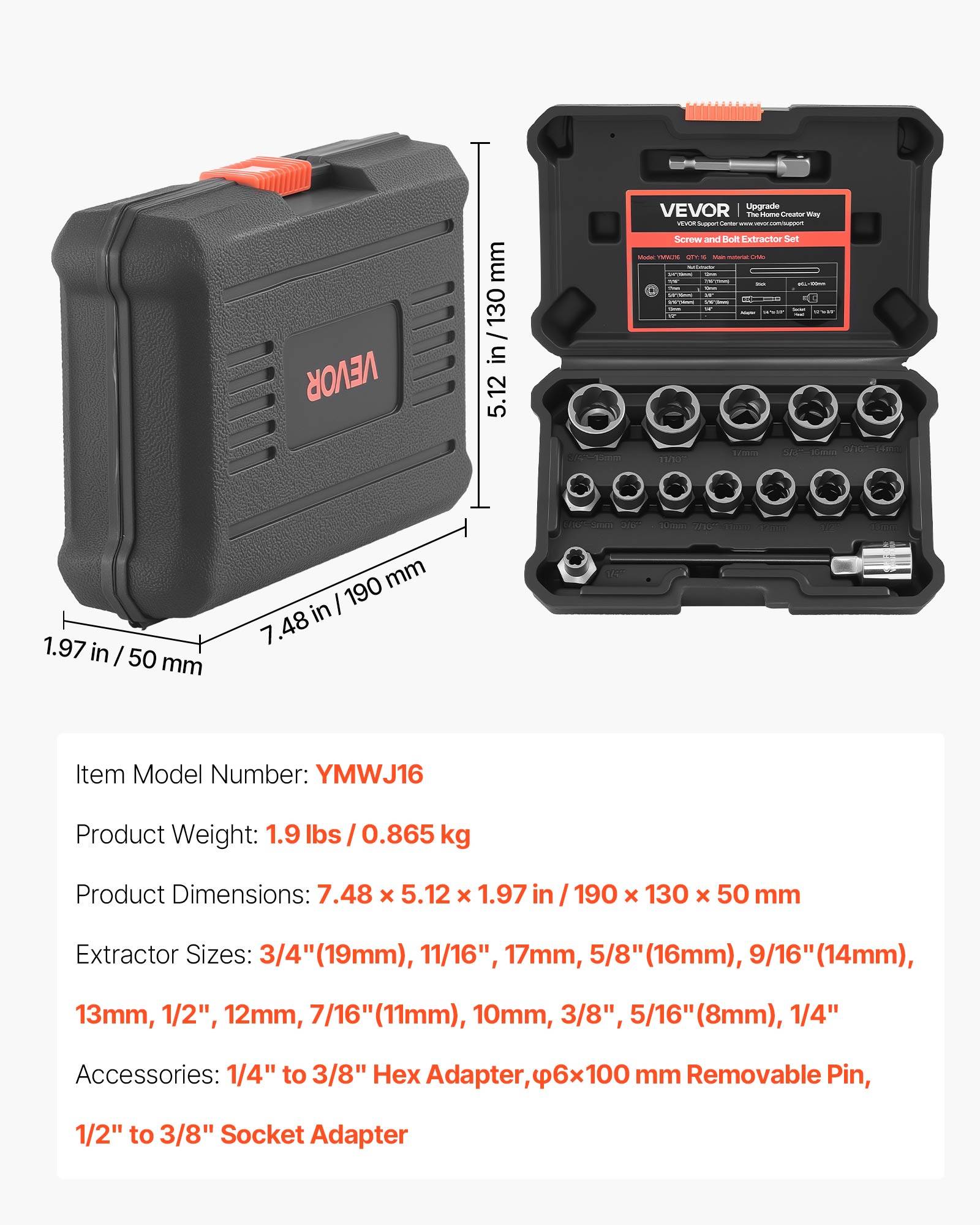 Vevor - VEVOR Coffret extracteurs de boulons 16 pcs, acier Cr-Mo HRC50-55, pour écrous et boulons abîmés, avec adaptateurs et coffret compact. - Image 6