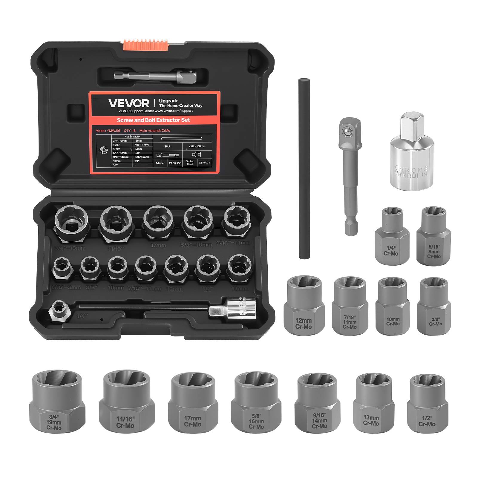 Vevor - VEVOR Coffret extracteurs de boulons 16 pcs, acier Cr-Mo HRC50-55, pour écrous et boulons abîmés, avec adaptateurs et coffret compact. - Image 1