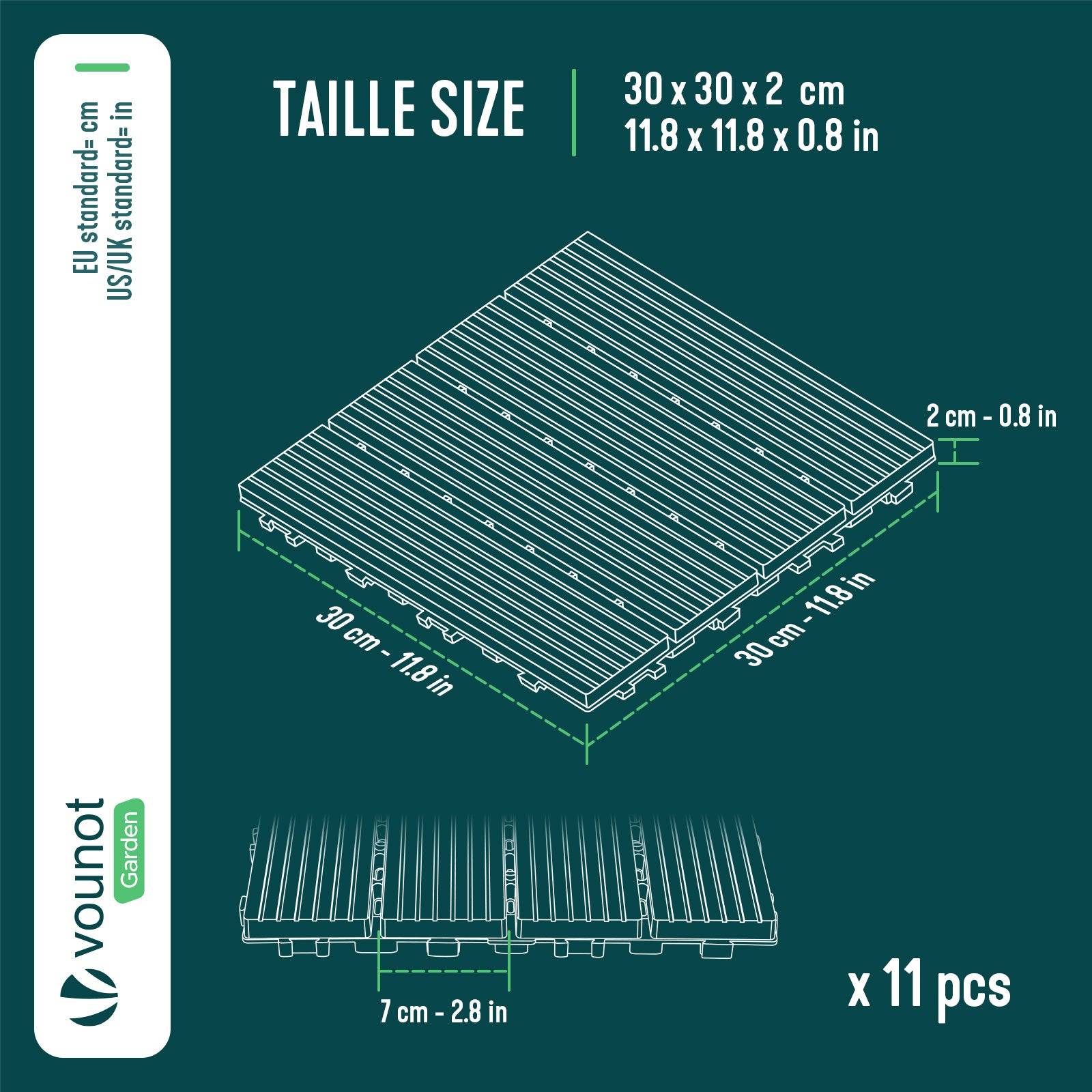 Lot de 11 Dalles clipsables extérieur 30x30 cm - Caillebotis de terrasse antidérapant et drainant - Plastique - Anthracite - VOUNOT® - Image 3