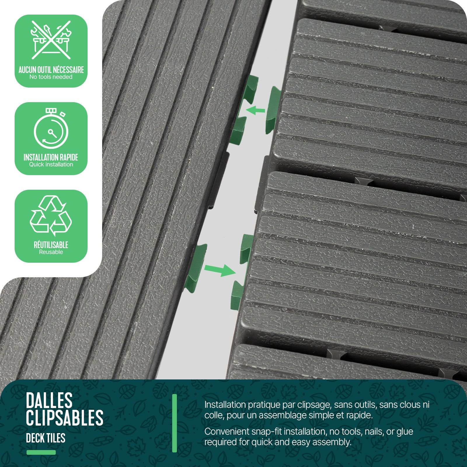 Lot de 11 Dalles clipsables extérieur 30x30 cm - Caillebotis de terrasse antidérapant et drainant - Plastique - Anthracite - VOUNOT® - Image 5