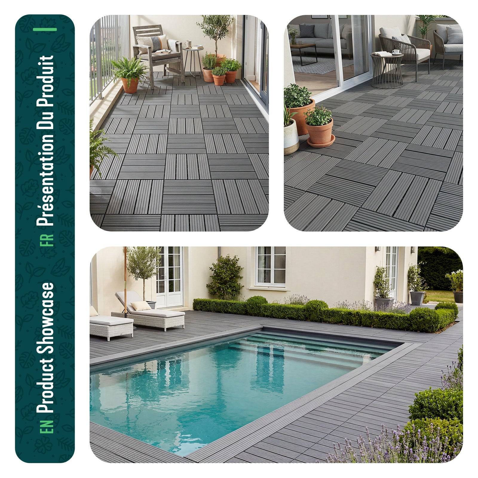Lot de 11 Dalles clipsables extérieur 30x30 cm - Caillebotis de terrasse antidérapant et drainant - Plastique - Anthracite - VOUNOT® - Image 7