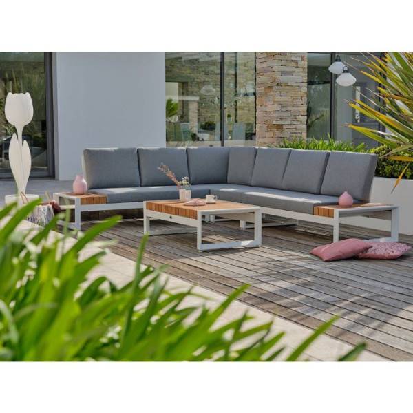 Dcb Garden - Salon de jardin d'angle - Blanc - Teck et aluminium - 6 places - Valencia - Image 3