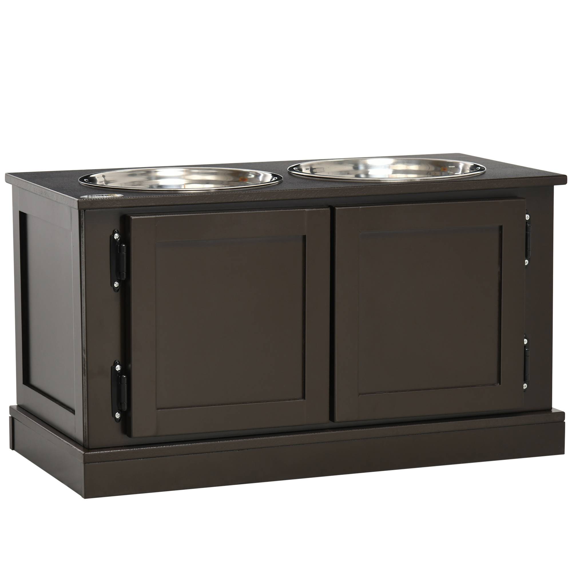 Support pour gamelles surélevé avec rangement, 2 bols en inox, café, 60 x 30 x 34 cm - PANGIVO - Image 1