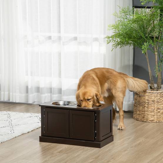 Support pour gamelles surélevé avec rangement, 2 bols en inox, café, 60 x 30 x 34 cm - PANGIVO - Image 2