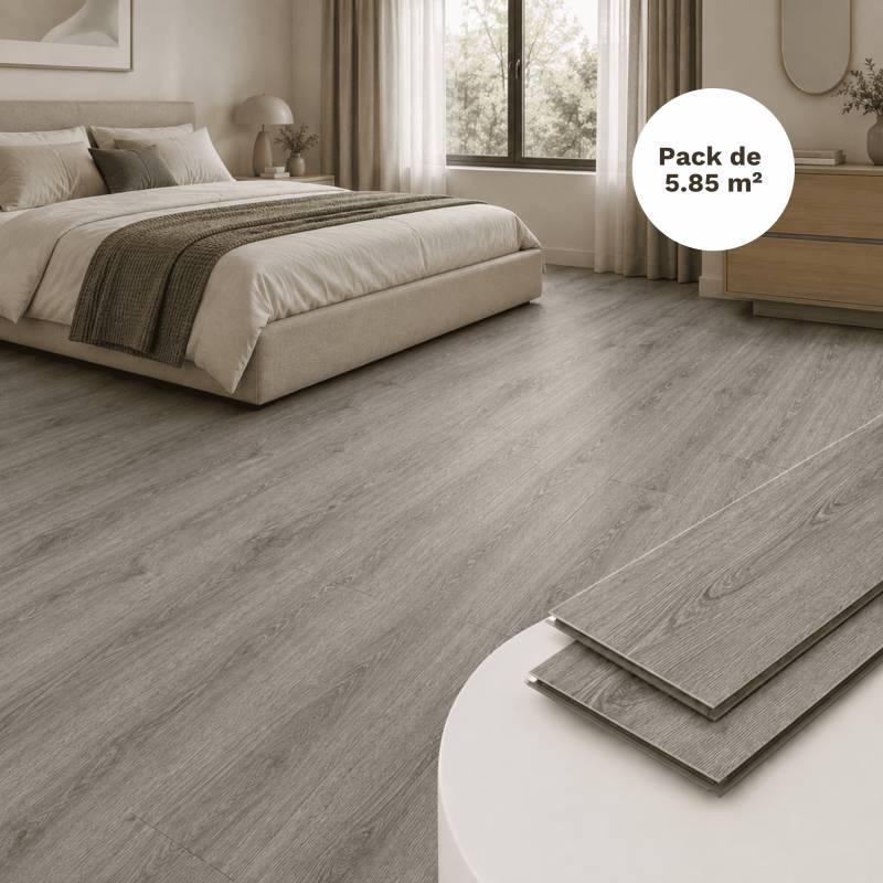 Sol vinyle SPC clipsable 5,85 m² chêne gris - Sous couche intégrée, usure 0,5 mm - Coloris - Chêne gris - Image 1