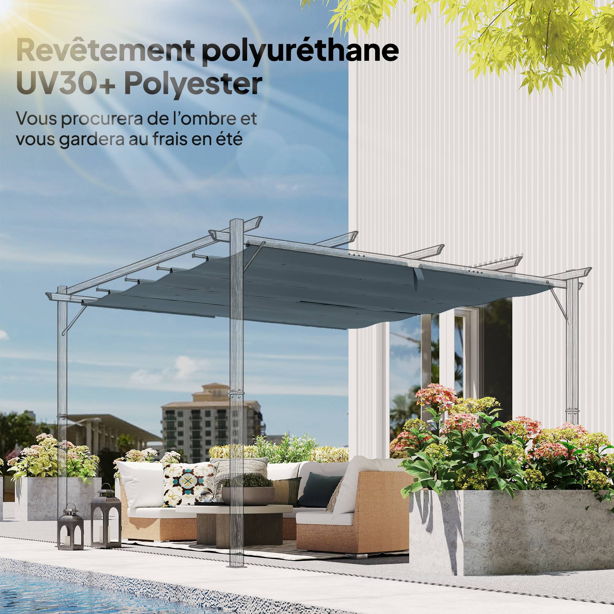 ComfortXL - Toile de pergola polyester gris foncé 298 x 288 cm extérieur anti-UV déperlante - ComfortXL Outdoor Living - Image 7