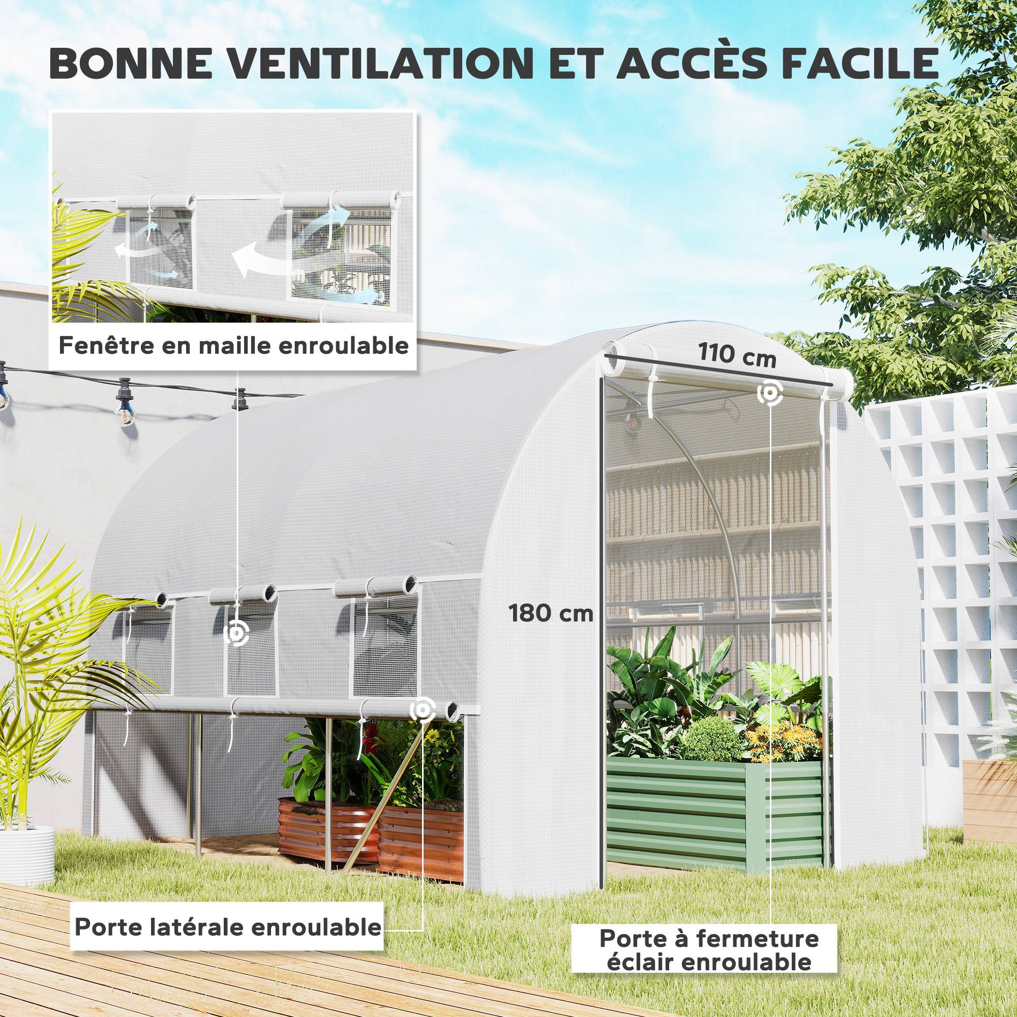 Serre de jardin tunnel serre tunnel 6 m² avec 6 fenêtres porte enroulable toile PE structure en acier galvanisé blanc - Image 6
