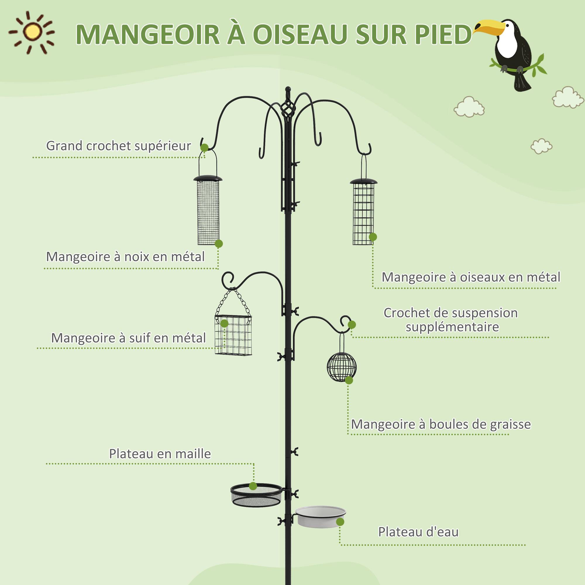 Sans Marque - Station d'alimentation mangeoir à oiseaux sur pied 6 crochets 4 mangeoires suspendues pour cacahuètes graines boules de graisse noir - Image 6
