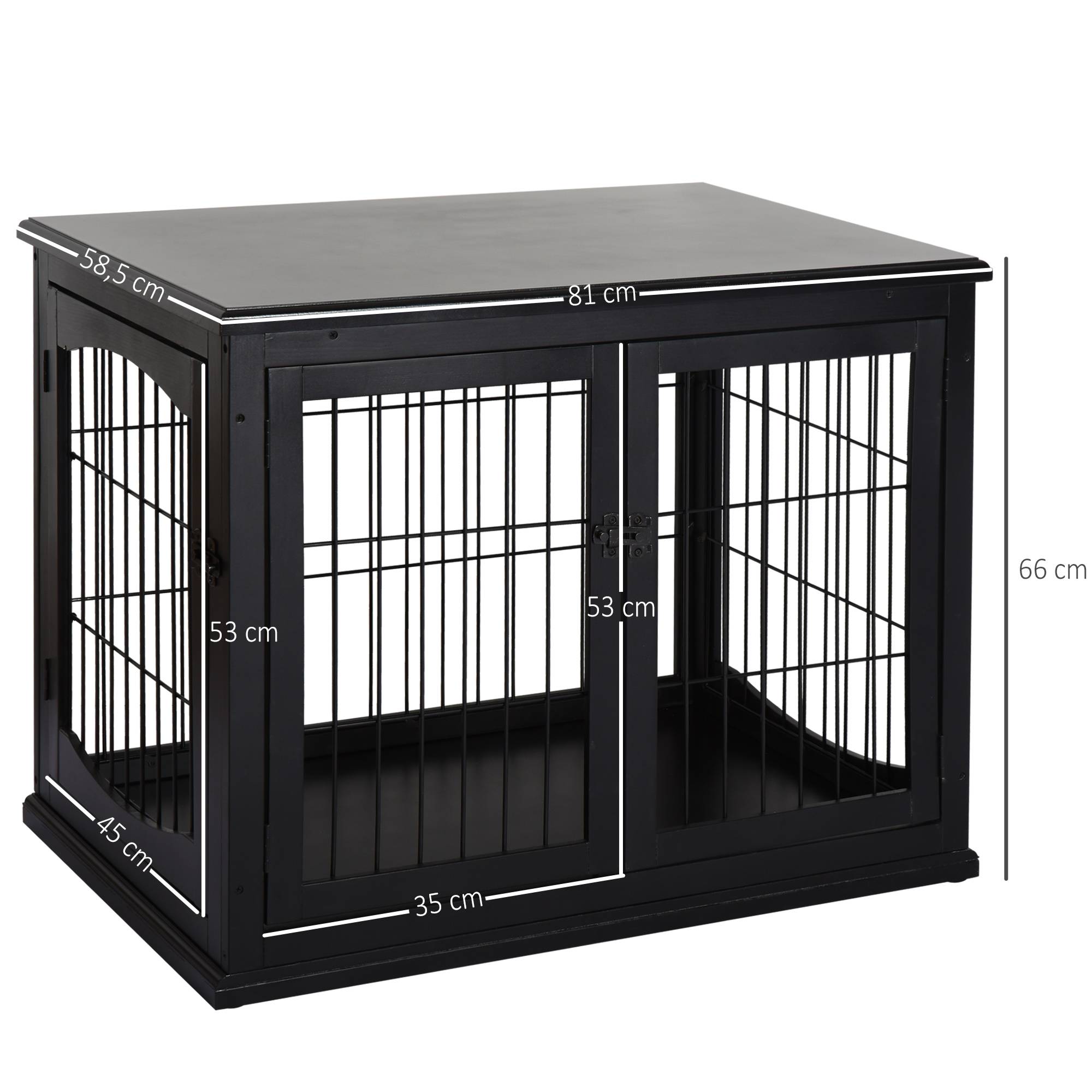 Pawhut - Cage pour chien animaux cage en bois MDF classe E1 3 portes verrouillables max. 30 Kg dim. 81L x 58l x 66H cm noir - Image 3