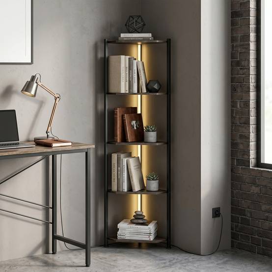 Bibliothèque d'angle à 5 niveaux avec éclairage LED pour salon, chambre, bureau, marron rustique - Image 10