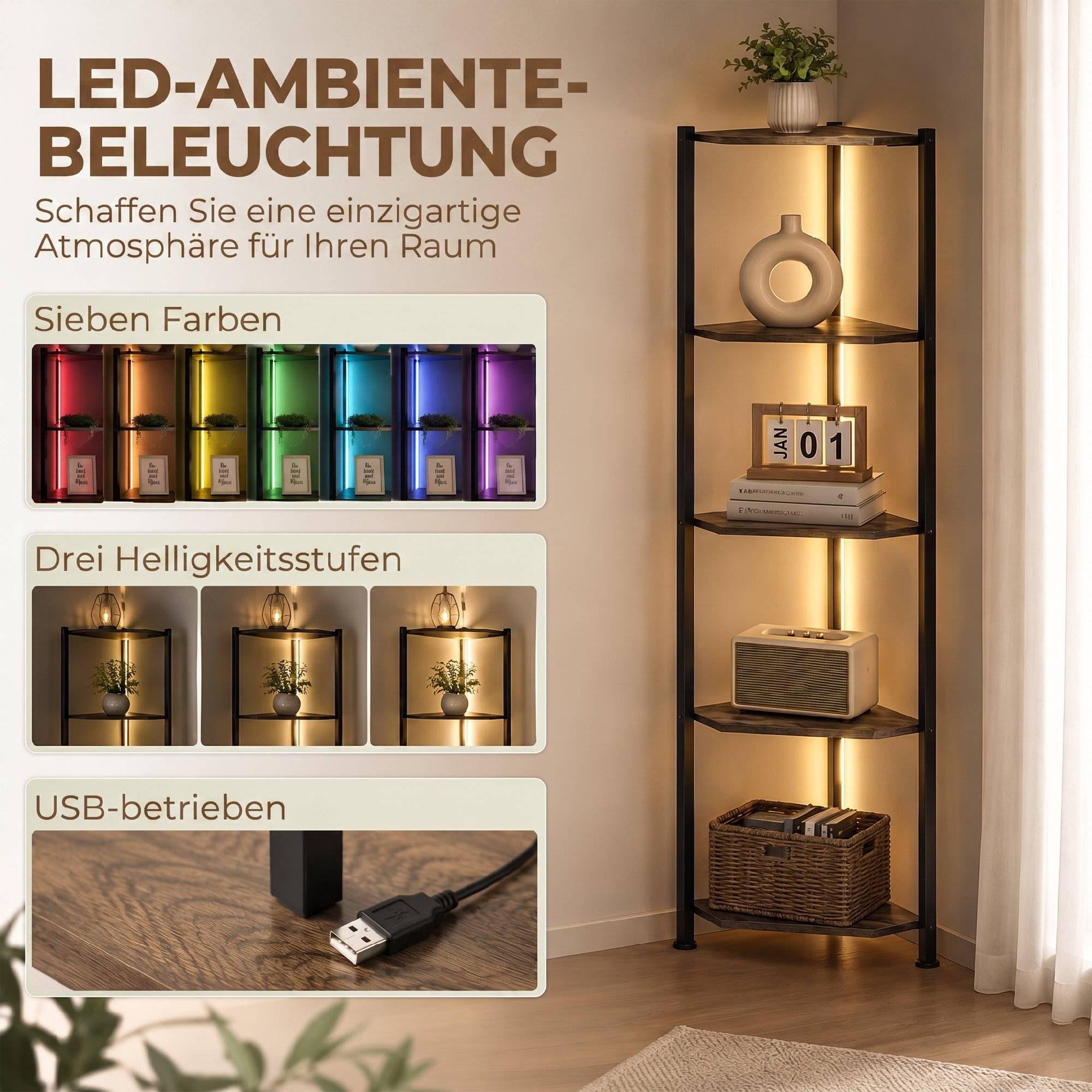 Bibliothèque d'angle à 5 niveaux avec éclairage LED pour salon, chambre, bureau, marron rustique - Image 6