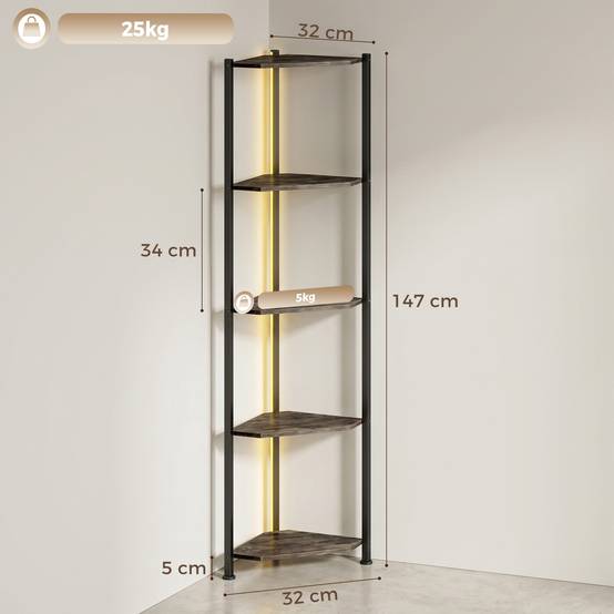Bibliothèque d'angle à 5 niveaux avec éclairage LED pour salon, chambre, bureau, marron rustique - Image 5