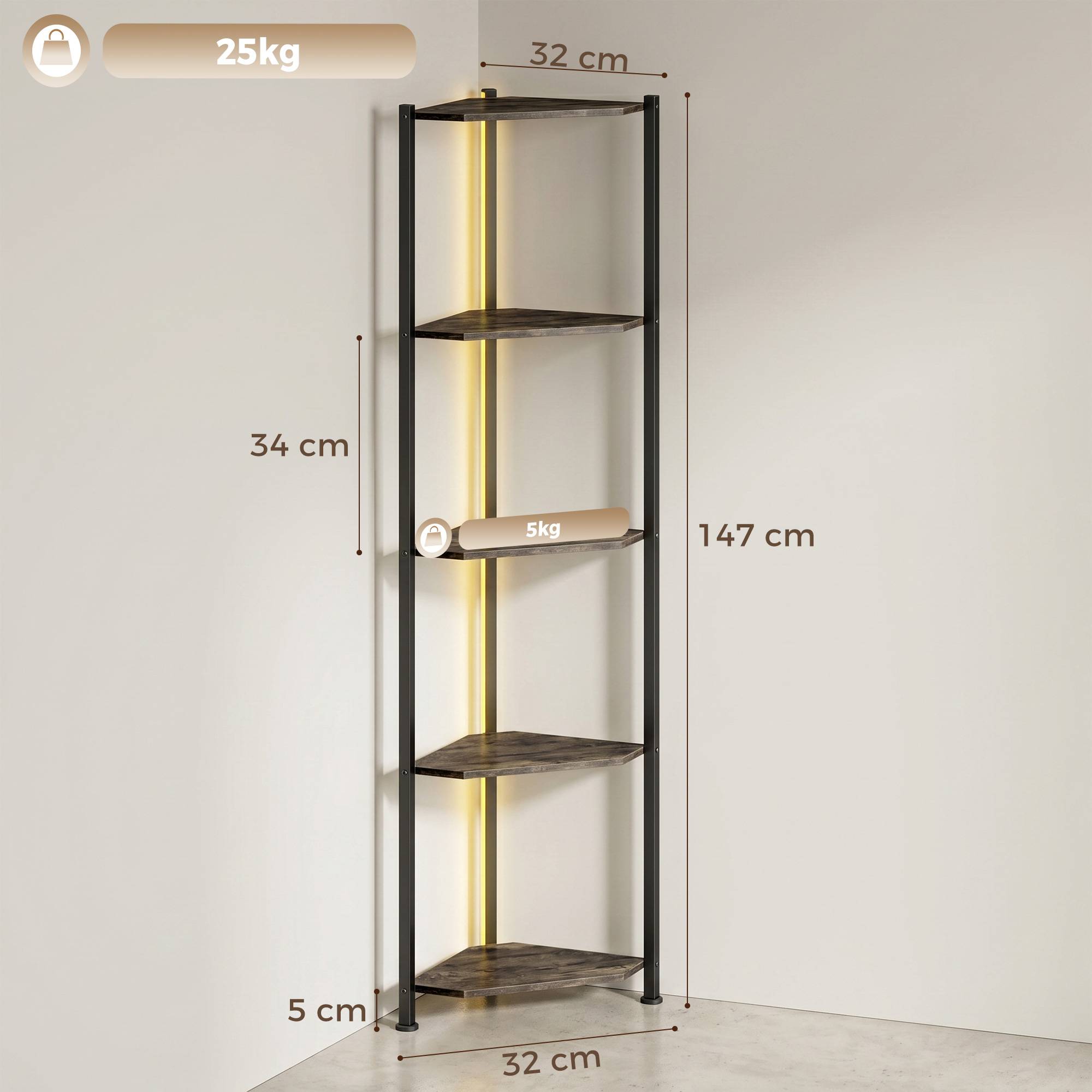 Bibliothèque d'angle à 5 niveaux avec éclairage LED pour salon, chambre, bureau, marron rustique - Image 5